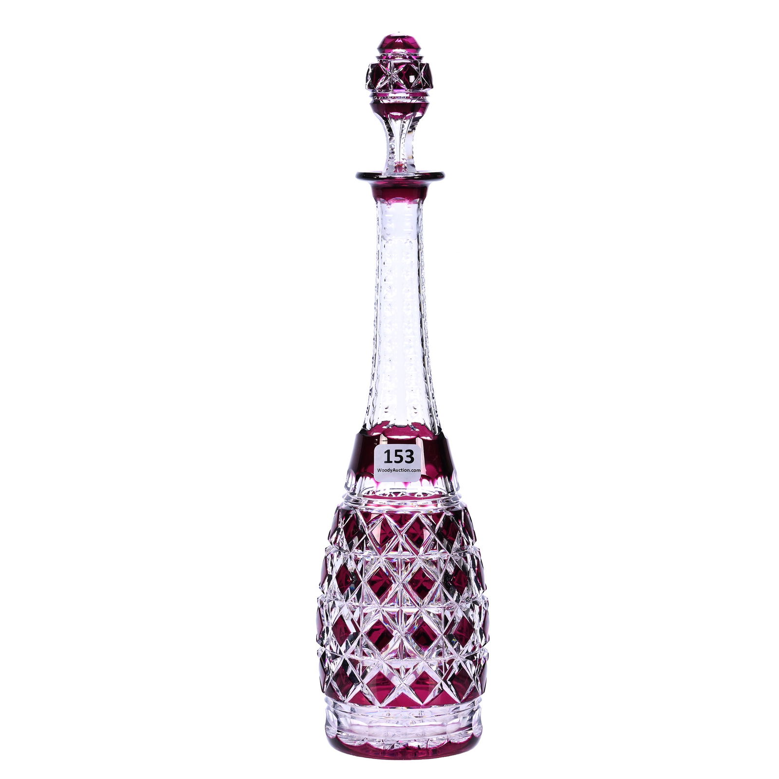 Decanter, BPCG, Amethyst Cut To Clear, Carlton Pattern By Val St. Lambert: Decanter, Brilliant Period Cut Glass, Amethyst Cut To Clear, Carlton Pattern By Val St. Lambert, 13.25 x 3.25 x 3.25 Inches, Circa 1925, 2 Pounds, Judy Ratcliffe Collection, Florida.