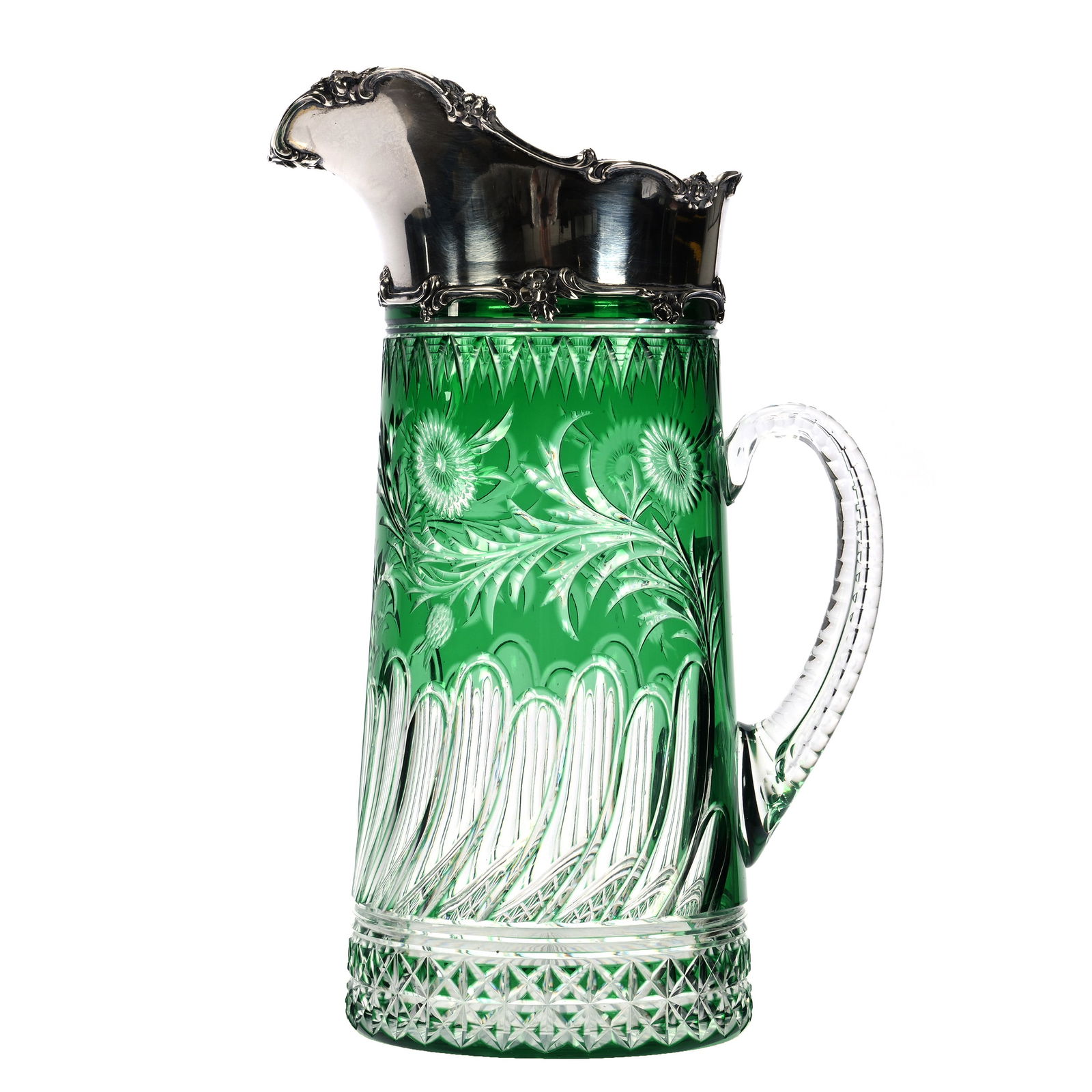 Tankard, BPCG, Green Cut To Clear, Engraved & Rococo Design, Sterling Spout Marked Gorham S3059: Tankard, Brilliant Period Cut Glass, Green Cut To Clear, Engraved & Rococo Design, Sterling Spout Marked Gorham S3059 , 10.5 x 6.75 x 4.5 Inches, Ray Cut Base, Minimal Sliver Flaw Near Handle Attachme