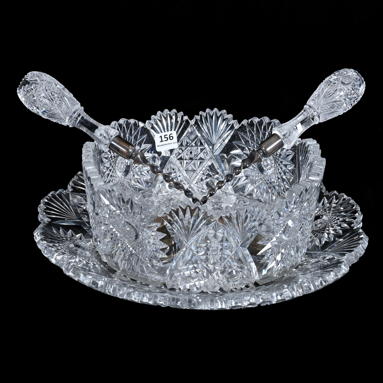 Salad Set, Four Piece, American Brilliant Cut Glass, Chrysanthemum Pattern By Hawkes: Salad Set, Four Piece, American Brilliant Cut Glass, Chrysanthemum Pattern By Hawkes, 4 x 12.25 x 12.25 Inches, Features Straight-Sided Bowl, Round Underplate, Salad Fork And Spoon With Silverplate Ma