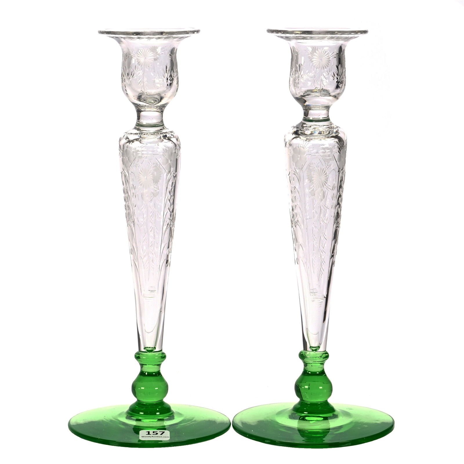 Pair Candlestick Holders, ABCG, Clear Etched Floral Body, Applied Apple Green Foot: Pair Candlestick Holders, American Brilliant Cut Glass, Clear Etched Floral Body, Applied Apple Green Foot, 12 x 5 x 5 Inches, Foot Is Highly Reactive Under Black Light, 3 Pounds, Richard Lockey Colle