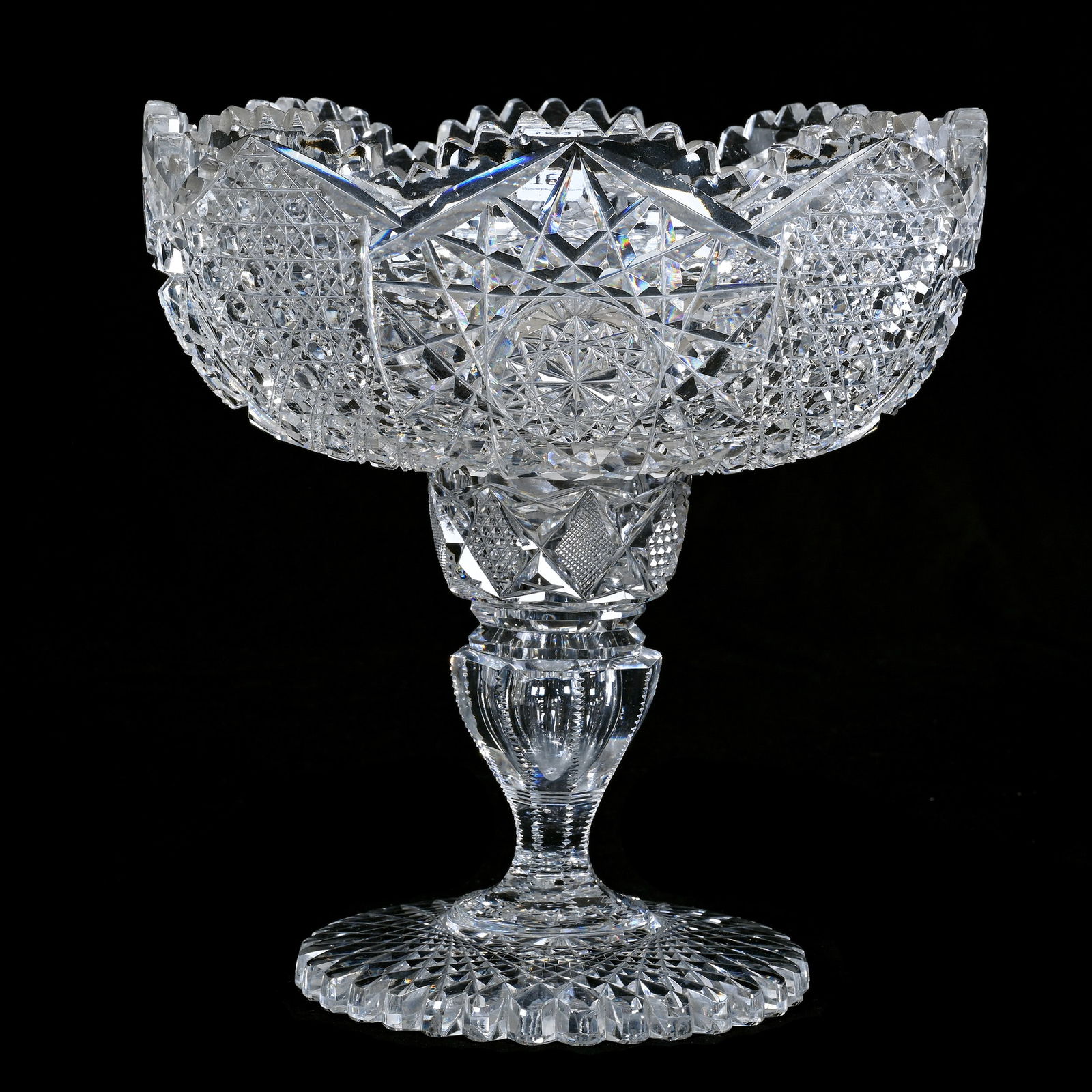 Pedestal Bowl, Two Part, American Brilliant Cut Glass: Pedestal Bowl, Two Part, American Brilliant Cut Glass, 10.75 x 10 x 10 Inches, Four Alternating Sections Of Hobstar And Cane Motif, Large Scalloped Hobstar Foot, Some Minor Interior Rim Nicks And Patt