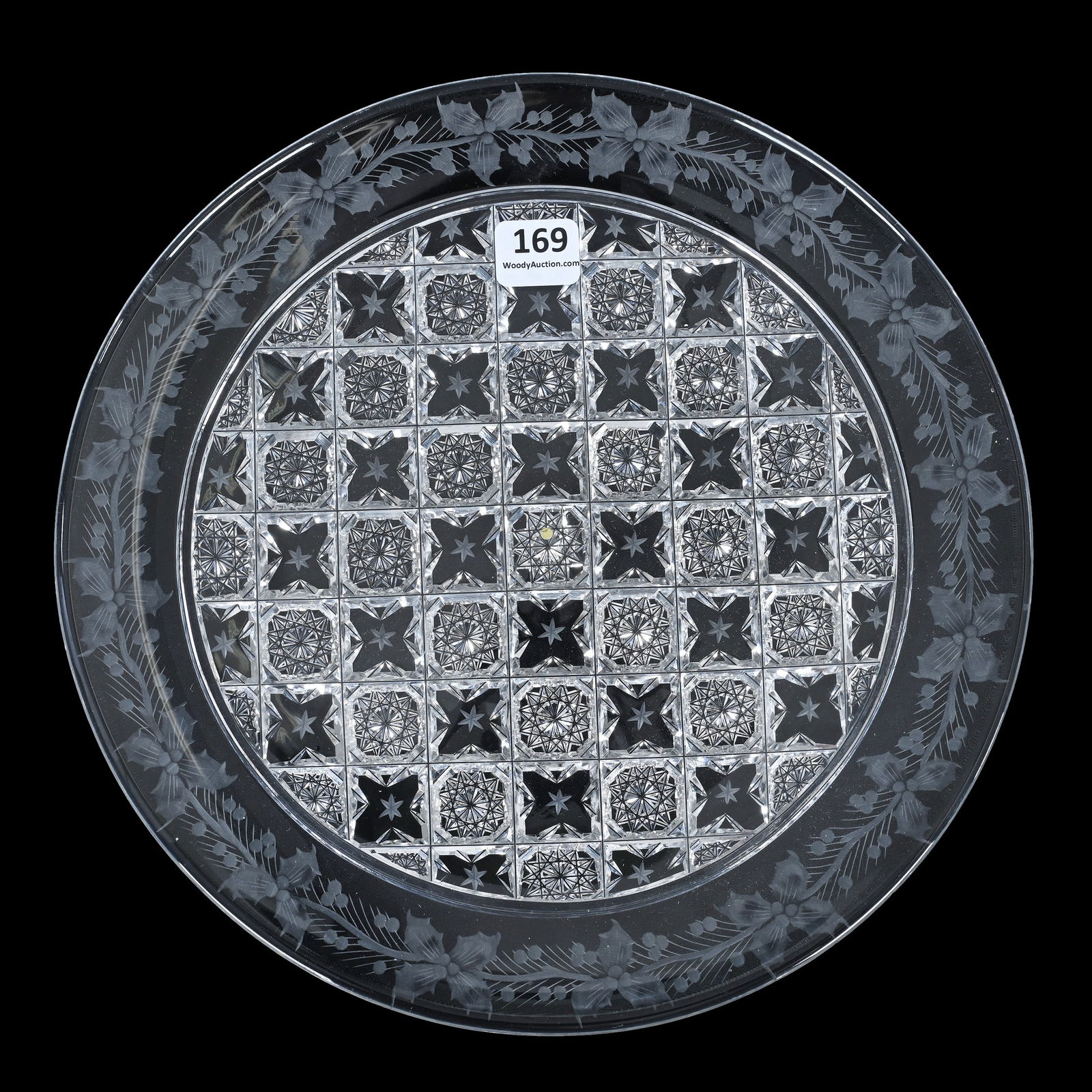 Plate, American Brilliant Cut Glass, Signed Sinclaire Snowflake And Holly Pattern: Plate, American Brilliant Cut Glass, Signed Sinclaire Snowflake And Holly Pattern, 1 x 9.75 x 9.75 Inches, Faint Signature, 3 Pounds, Judy Ratcliffe Collection, Florida.