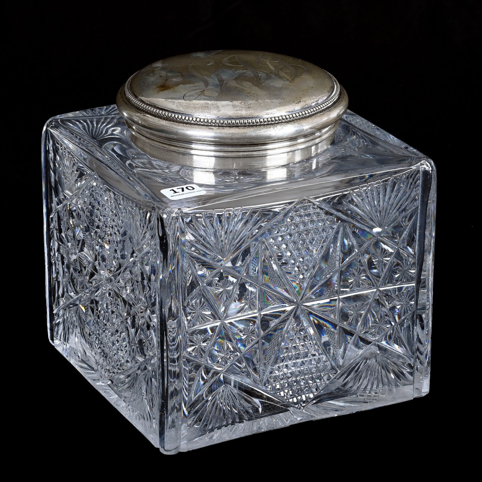 Square Humidor, American Brilliant Cut Glass: Square Humidor, American Brilliant Cut Glass, 7.5 x 7 x 7 Inches, Kite Shaped Designs Of Nailhead Diamond, Crosscutting, Star & Fan Motif, Ray Cut Base, Sterling Silver Flip Lid Marked Gorham S2769, I