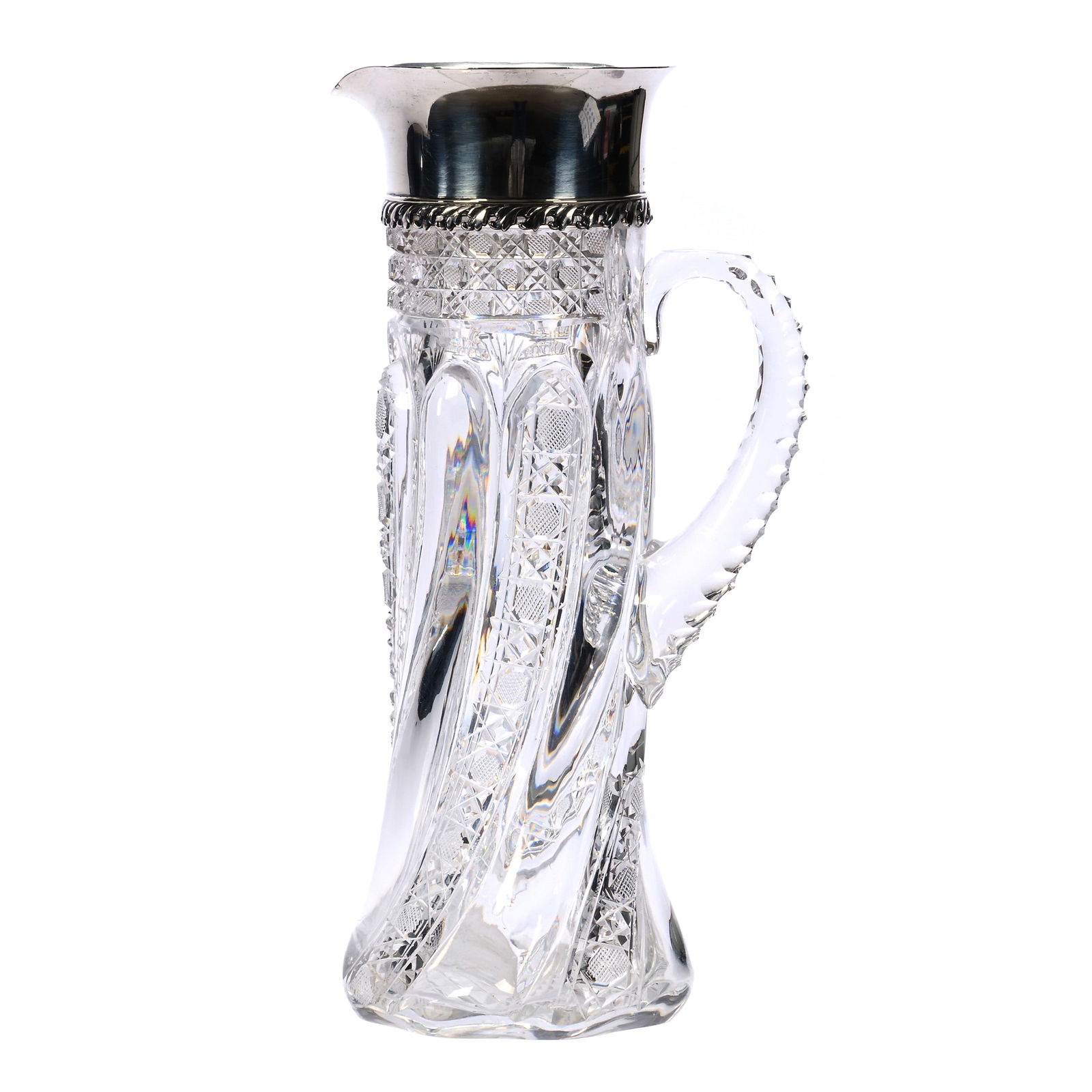 Tankard, ABCG, Swirled Tusk With Harvard Highlights, Sterling Collar Marked Tiffany & Company: Tankard, American Brilliant Cut Glass, Swirled Tusk With Harvard Highlights, Sterling Collar Marked Tiffany & Company, 11 x 5.5 x 4 Inches, Triple Notched Handle, Hobstar Base, Fantastic Example, 4 Po