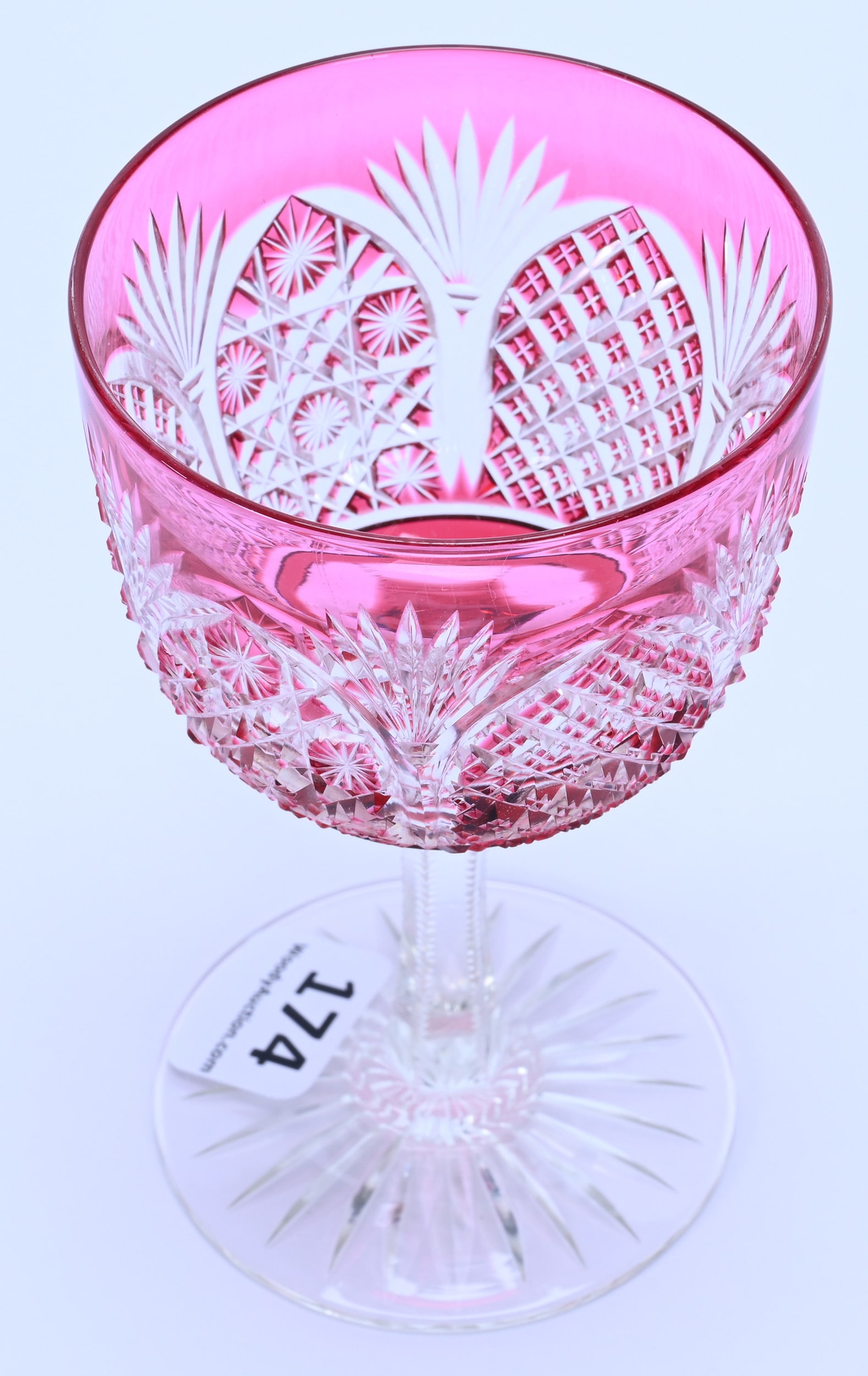 Wine Stem, ABCG, Cranberry Cut To Clear, Fisher Diamond Pattern By Mt. Washington - 2