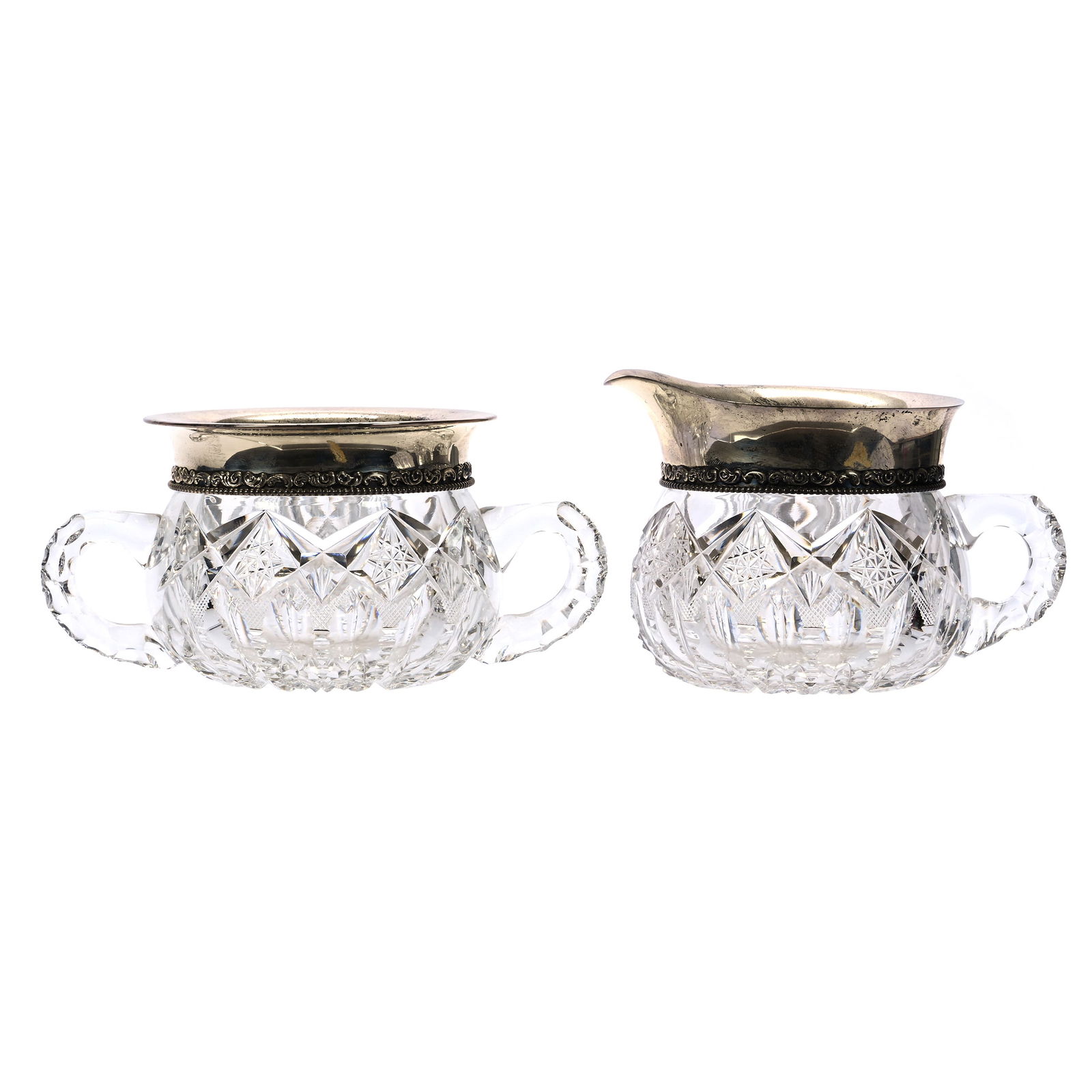 Creamer & Sugar Set, ABCG, Chester Pattern By Dorflinger, Sterling Silver Rims: Creamer & Sugar Set, American Brilliant Cut Glass, Chester Pattern By Dorflinger, Sterling Silver Rims, 3.75 x 6.75 x 4.25 Inches, Hobstar Base, Nice Set, 3 Pounds, Pennsylvania Private Collection.