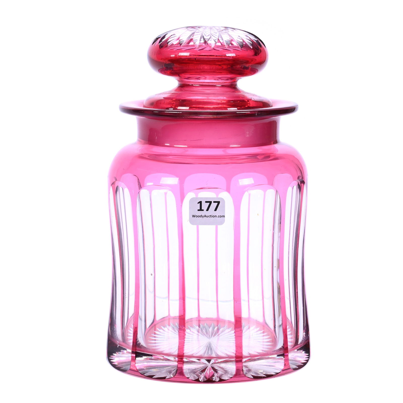 Humidor, American Brilliant Cut Glass, Cranberry Cut To Clear Flute Pattern By Dorflinger: Humidor, American Brilliant Cut Glass, Cranberry Cut To Clear Flute Pattern By Dorflinger, 8.75 x 5.25 x 5.25 Inches, Ray Cut Lid And Base, 5 Pounds, Private Collection.