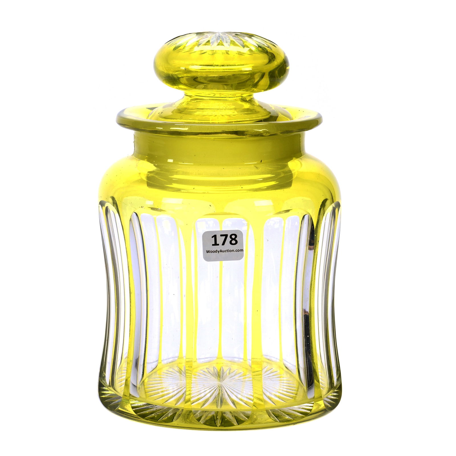 Humidor, American Brilliant Cut Glass, Yellow Cut To Clear Flute Pattern By Dorflinger: Humidor, American Brilliant Cut Glass, Yellow Cut To Clear Flute Pattern By Dorflinger, 8.5 x 5.5 x 5.5 Inches, Ray Cut Lid And Base, Rim Nick/Bruise On Stob, 6 Pounds, Private Collection.