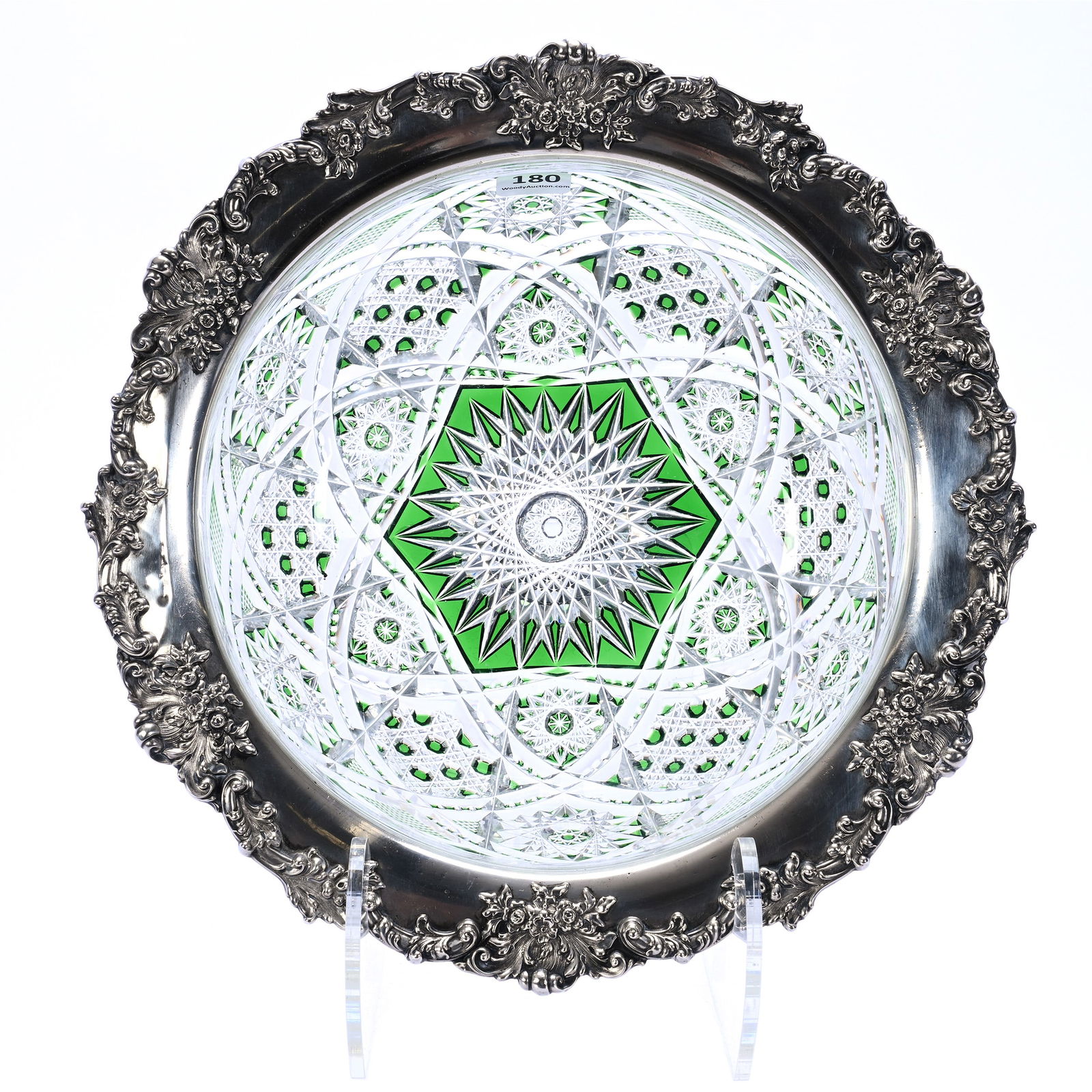 Bowl, American Brilliant Cut Glass, Green Cut To Clear Pattern #99 By Dorflinger, Sterling Rim: Bowl, American Brilliant Cut Glass, Green Cut To Clear Pattern #99 By Dorflinger, Sterling Rim, 4 x 10.75 x 10.75 Inches, Elaborate Sterling Silver Rim Marked Dorflinger, Incredible Example, Sterling