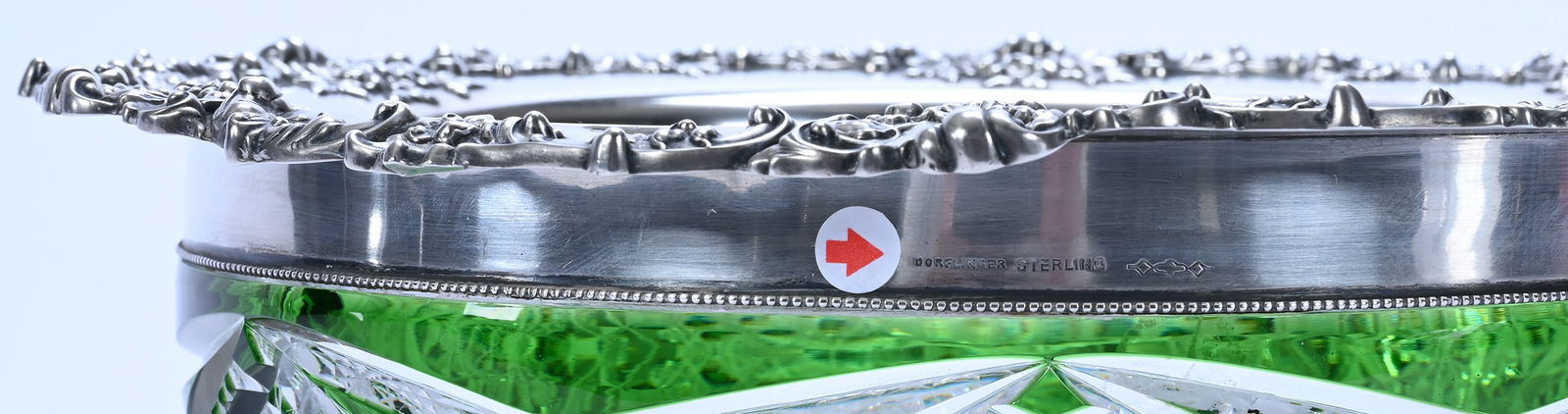 Bowl, American Brilliant Cut Glass, Green Cut To Clear Pattern #99 By Dorflinger, Sterling Rim - 2