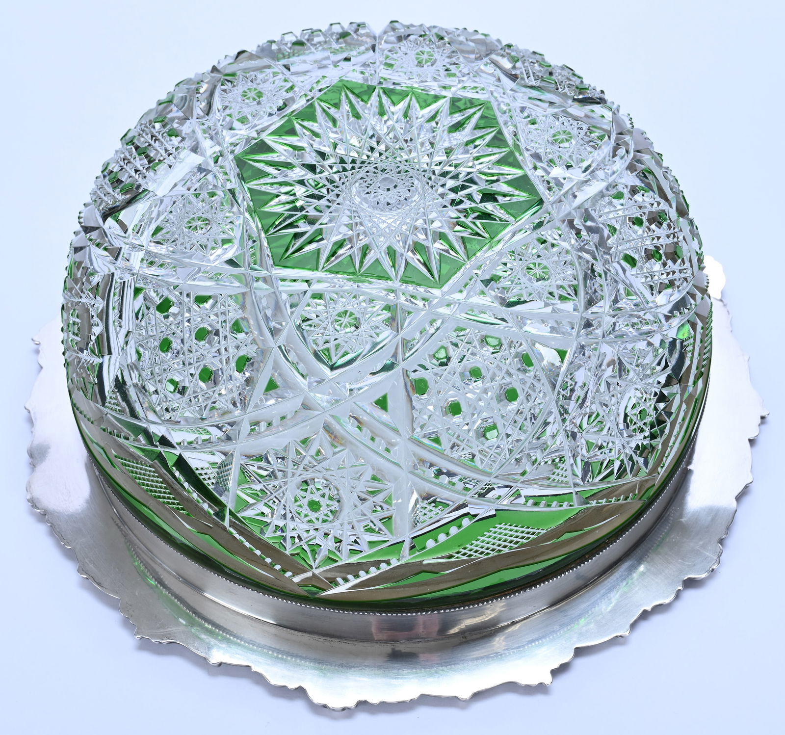Bowl, American Brilliant Cut Glass, Green Cut To Clear Pattern #99 By Dorflinger, Sterling Rim - 3