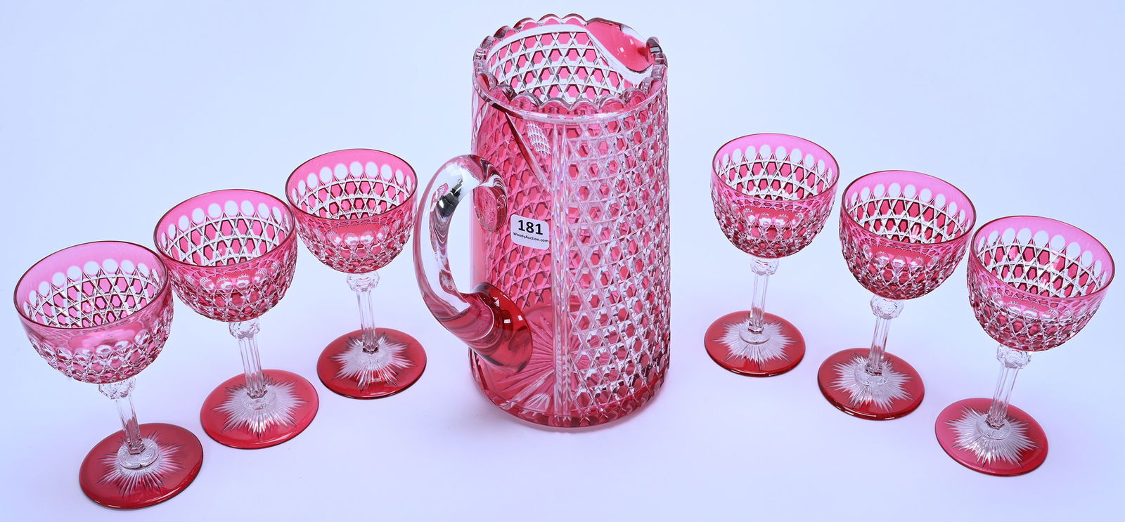 Pitcher & Wine Set, American Brilliant Cut Glass, Cranberry Cut To Clear - 2