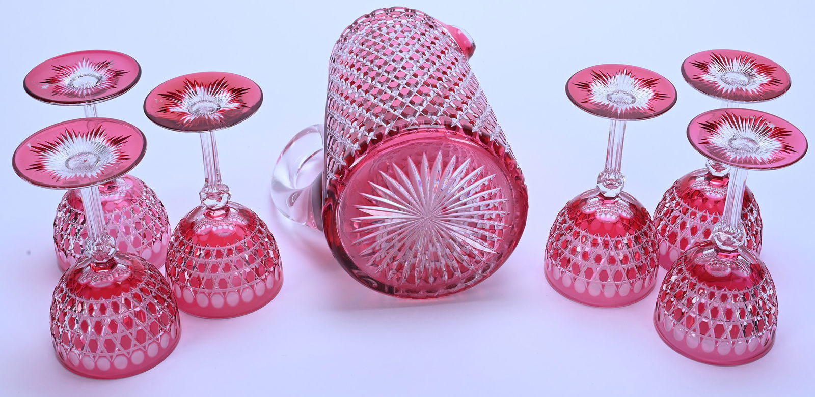 Pitcher & Wine Set, American Brilliant Cut Glass, Cranberry Cut To Clear - 3