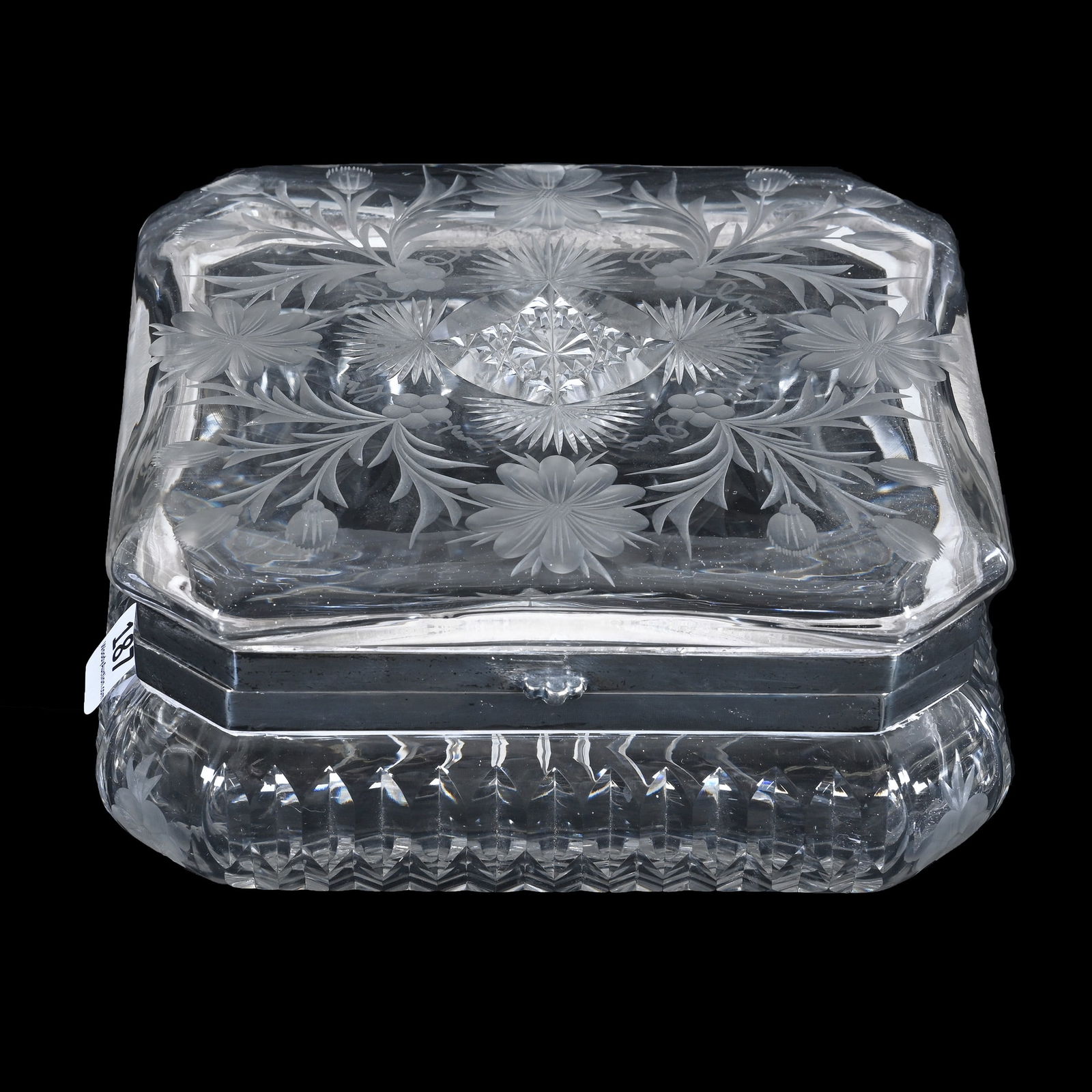 Square Dresser Box, American Brilliant Cut Glass, Signed Tuthill Cosmos Pattern: Square Dresser Box, American Brilliant Cut Glass, Signed Tuthill Cosmos Pattern, 3 x 6.75 x 6.75 Inches, Ray Cut Base, Nice Example, 4 Pounds, Dr. Paul Mancia Collection, Florida.