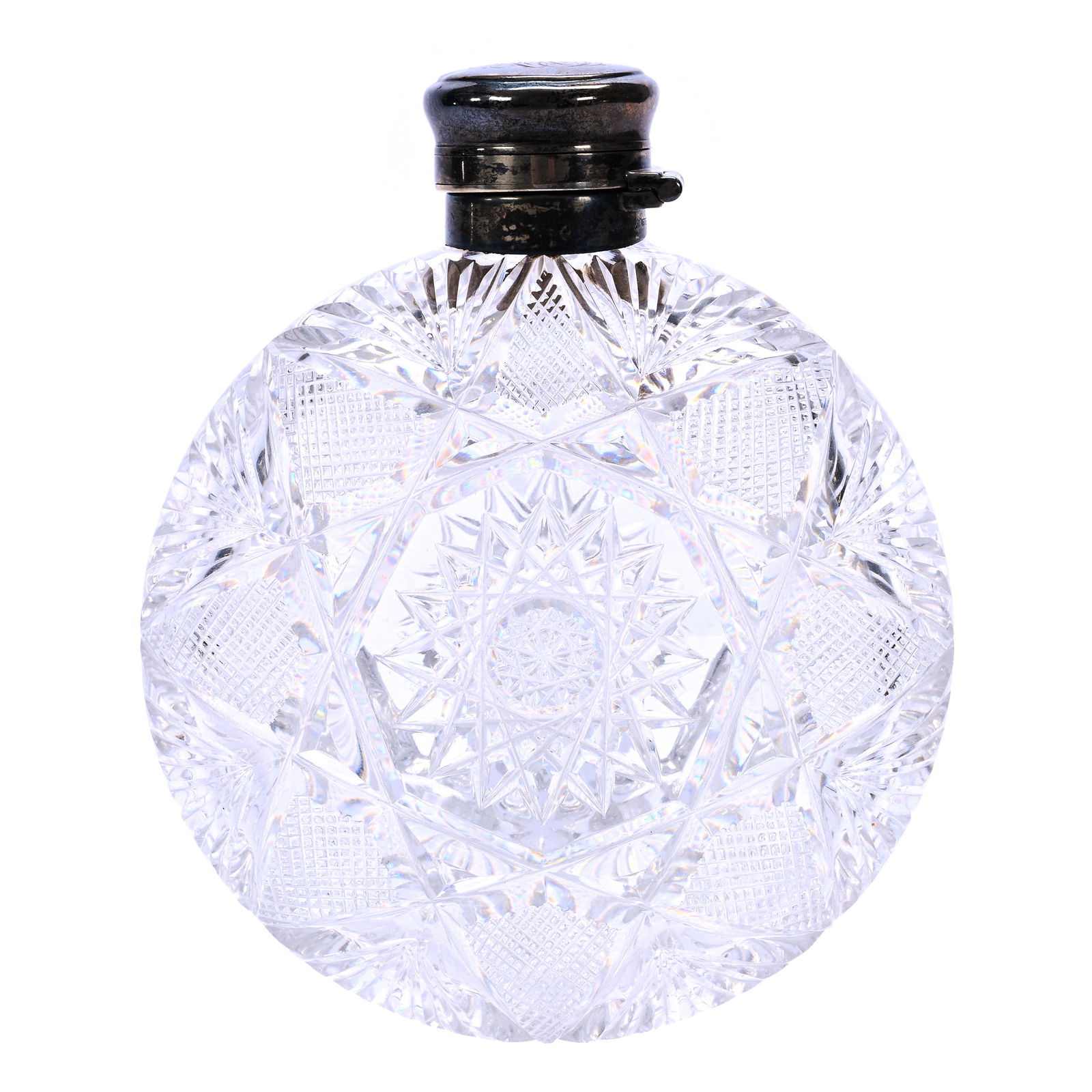 Circular Pocket Flask, American Brilliant Cut Glass: Circular Pocket Flask, American Brilliant Cut Glass, 5 x 4 x 1.25 Inches, Hobstar, Crosscutting And Fan Motif, Sterling Silver Flip Lid Marked Gorham S2383, 1 Pounds, Pennsylvania Private Collection.