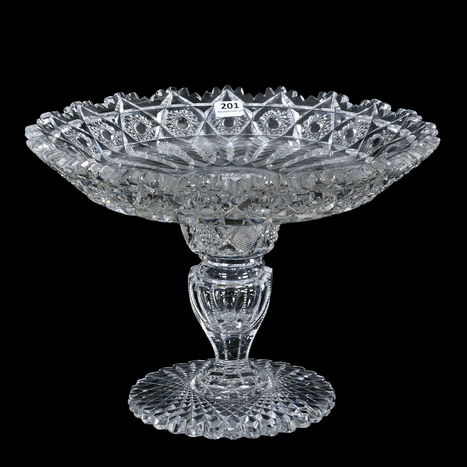 Cake Stand, Two Part, American Brilliant Cut Glass, Fern Pattern By Ohio Cut Glass: Cake Stand, Two Part, American Brilliant Cut Glass, Fern Pattern By Ohio Cut Glass, 8.5 x 12 x 12 Inches, Large Scalloped Hobstar Foot, Wonderful Example, 10 Pounds, Dr. Paul Mancia Collection, Florid