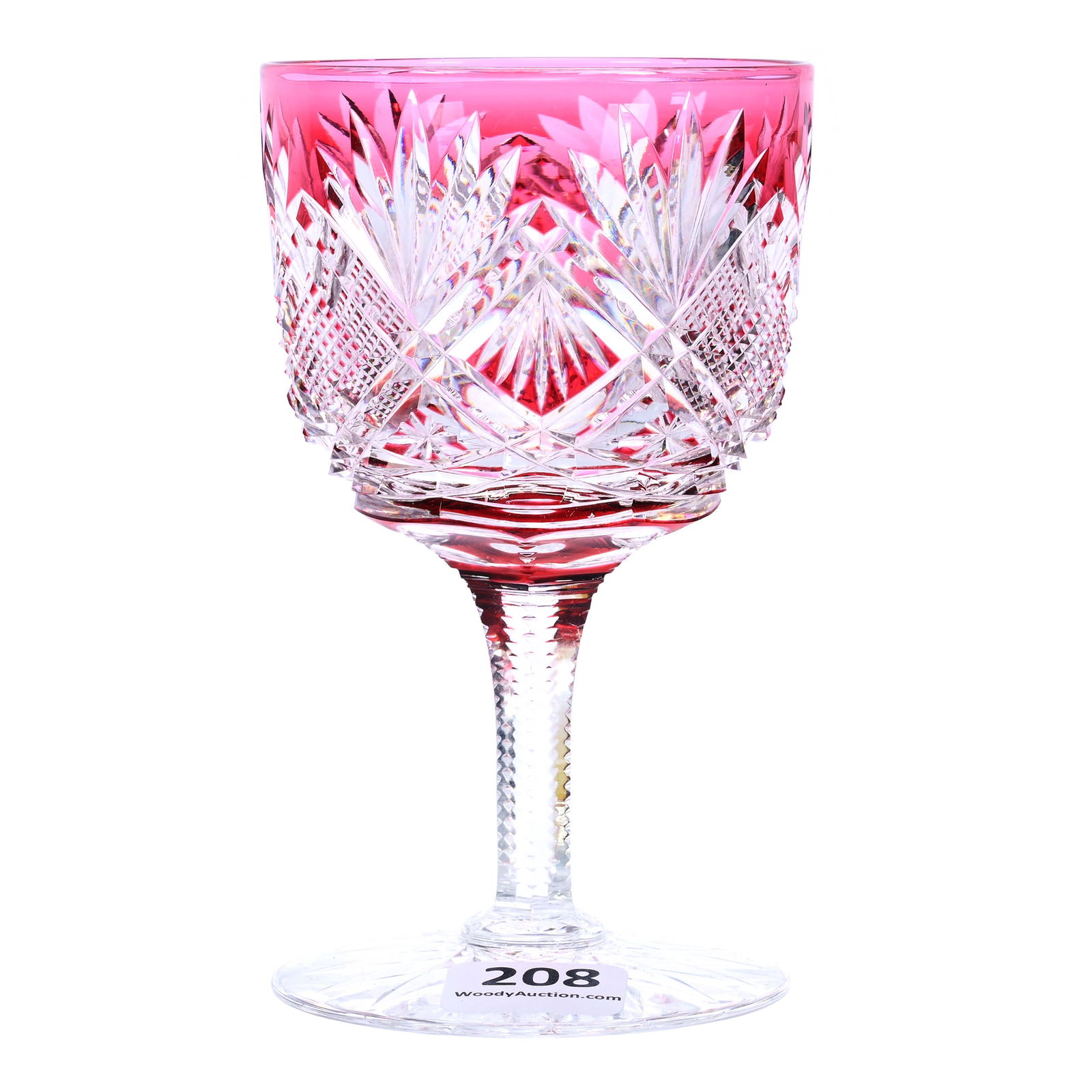 Wine Stem, American Brilliant Cut Glass, Cranberry Cut To Clear Parisian Pattern By Dorflinger: Wine Stem, American Brilliant Cut Glass, Cranberry Cut To Clear Parisian Pattern By Dorflinger, 4.5 x 2.75 x 2.75 Inches, Hobstar Foot, 1 Pounds, Private Collection.