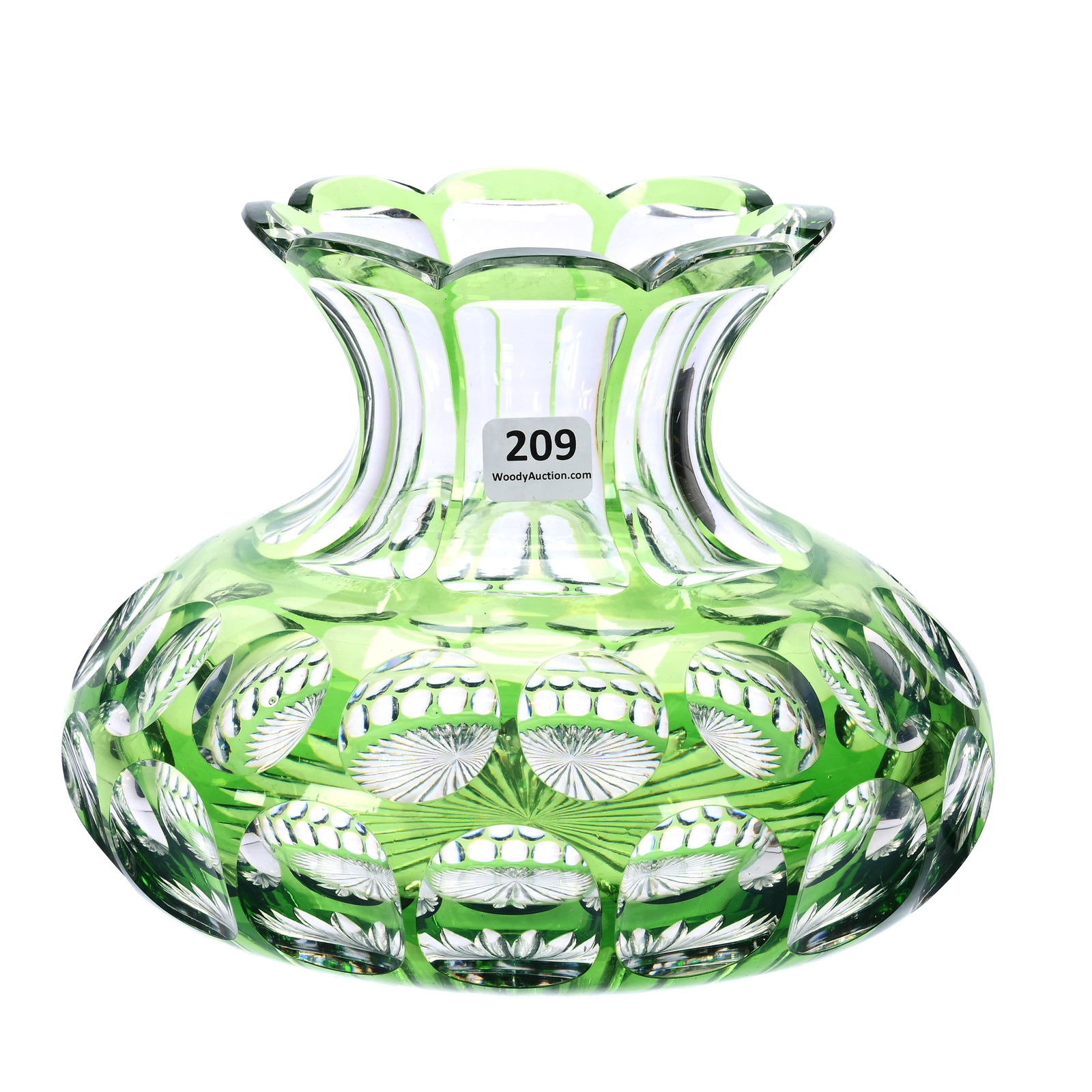 Flower Center, American Brilliant Cut Glass, Green Cut To Clear: Flower Center, American Brilliant Cut Glass, Green Cut To Clear, 6 x 8 x 8 Inches, Punty Motif With Ray Cut Base, Nice Quality Blank, 5 Pounds, Private Collection.