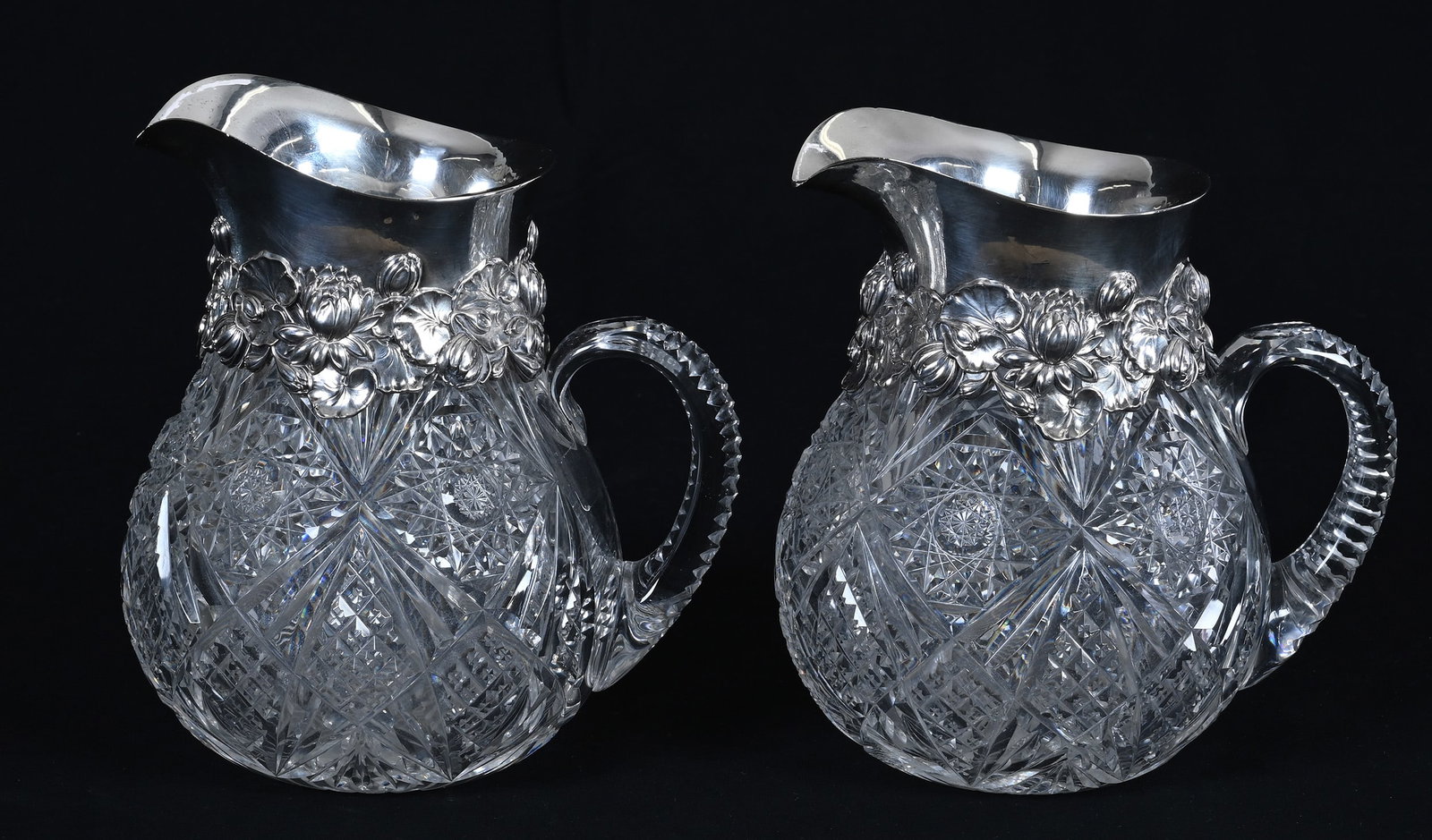 Pair Pitchers, ABCG, Hobstar, Kite, Crosscut Diamond And Fan Motif, Sterling Collar - 6
