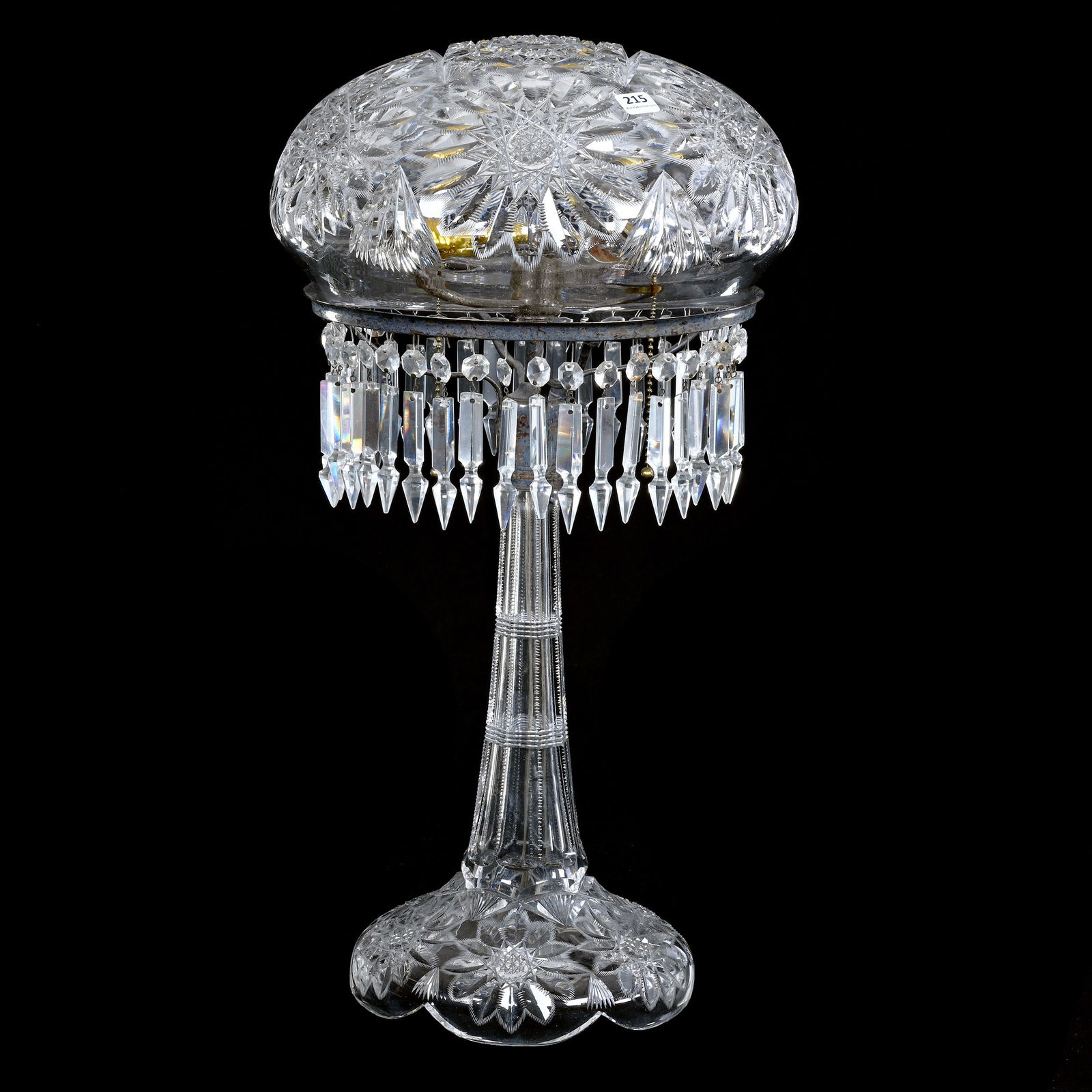 Table Lamp, Mushroom Shade, American Brilliant Cut Glass: Table Lamp, Mushroom Shade, American Brilliant Cut Glass, 22.5 x 12 x 12 Inches, Modified Hobstar With Petals, Pattern Matched Base, Electrified, Two Light, Two Styles Of Prisms, Metal Tarnished & Nee