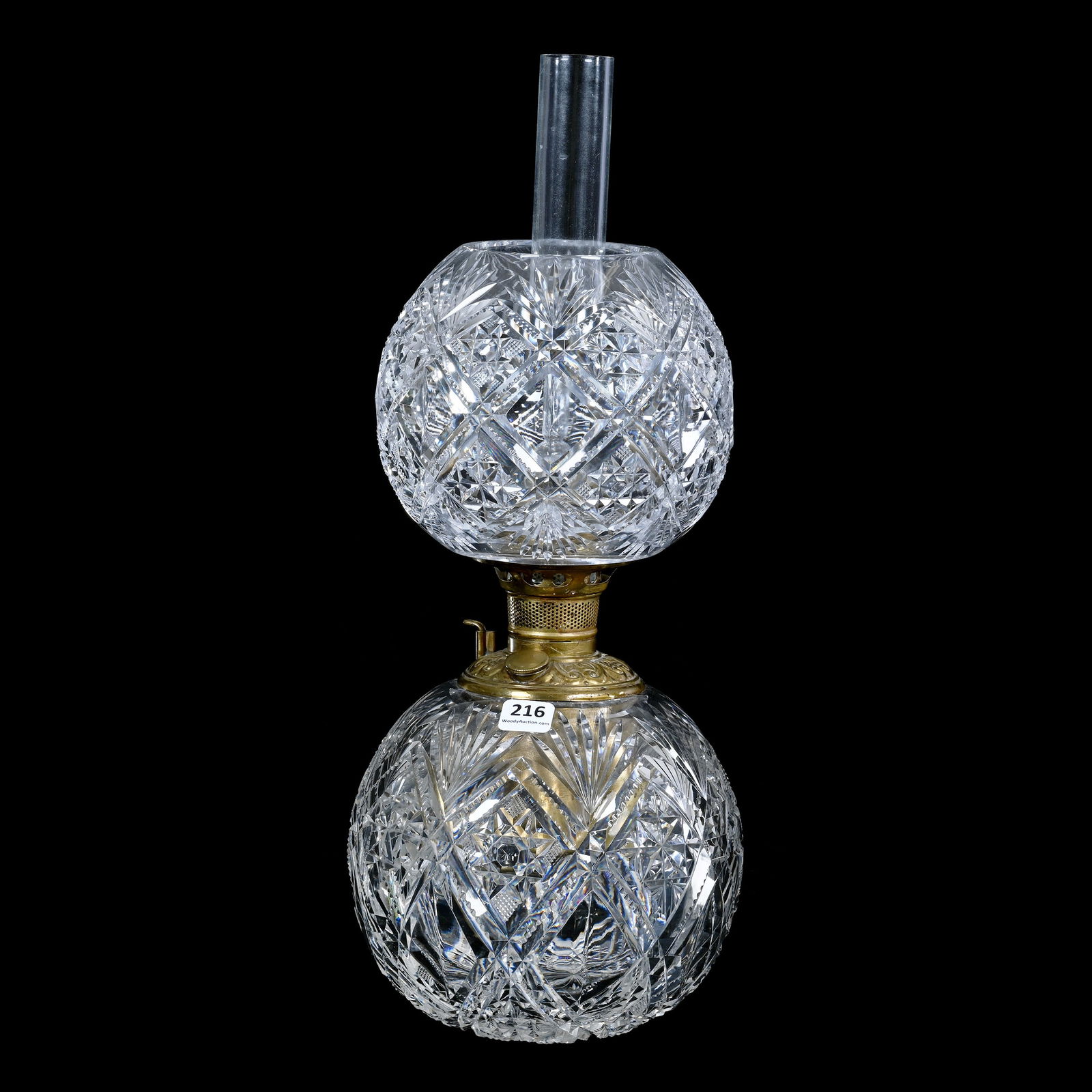 Table Lamp, Gone With Wind Kerosene, ABCG, Sultana Pattern By Dorflinger: Table Lamp, Gone With Wind Kerosene, American Brilliant Cut Glass, Sultana Pattern By Dorflinger, 13.5 x 7 x 7 Inches, Pattern Cut Base, Pattern Cut Shade, Removable Original Bradley & Hubbard Gilt Me