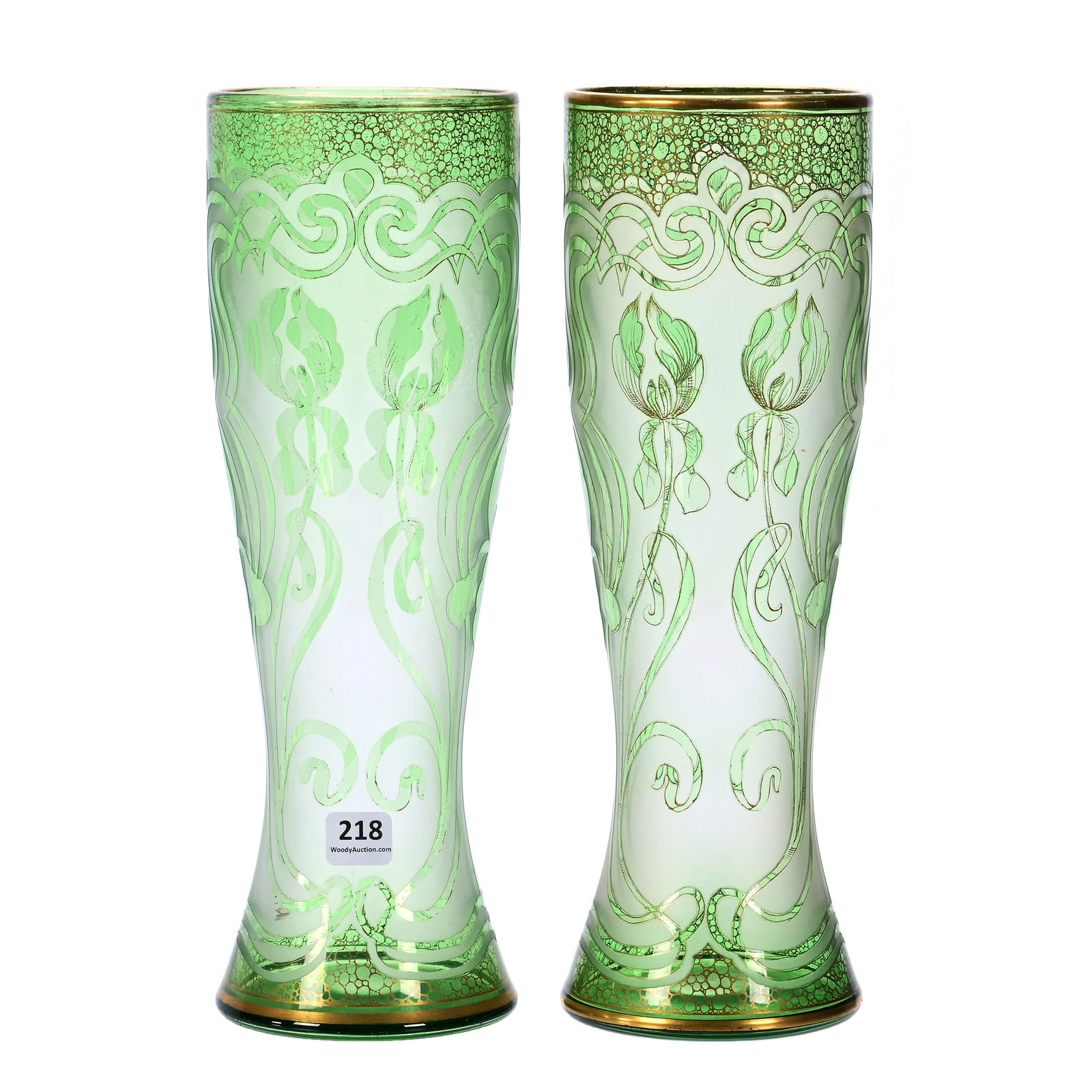 Pair Vases Signed Honesdale By Dorflinger, Green Acid Cut To Clear (1 of 3)