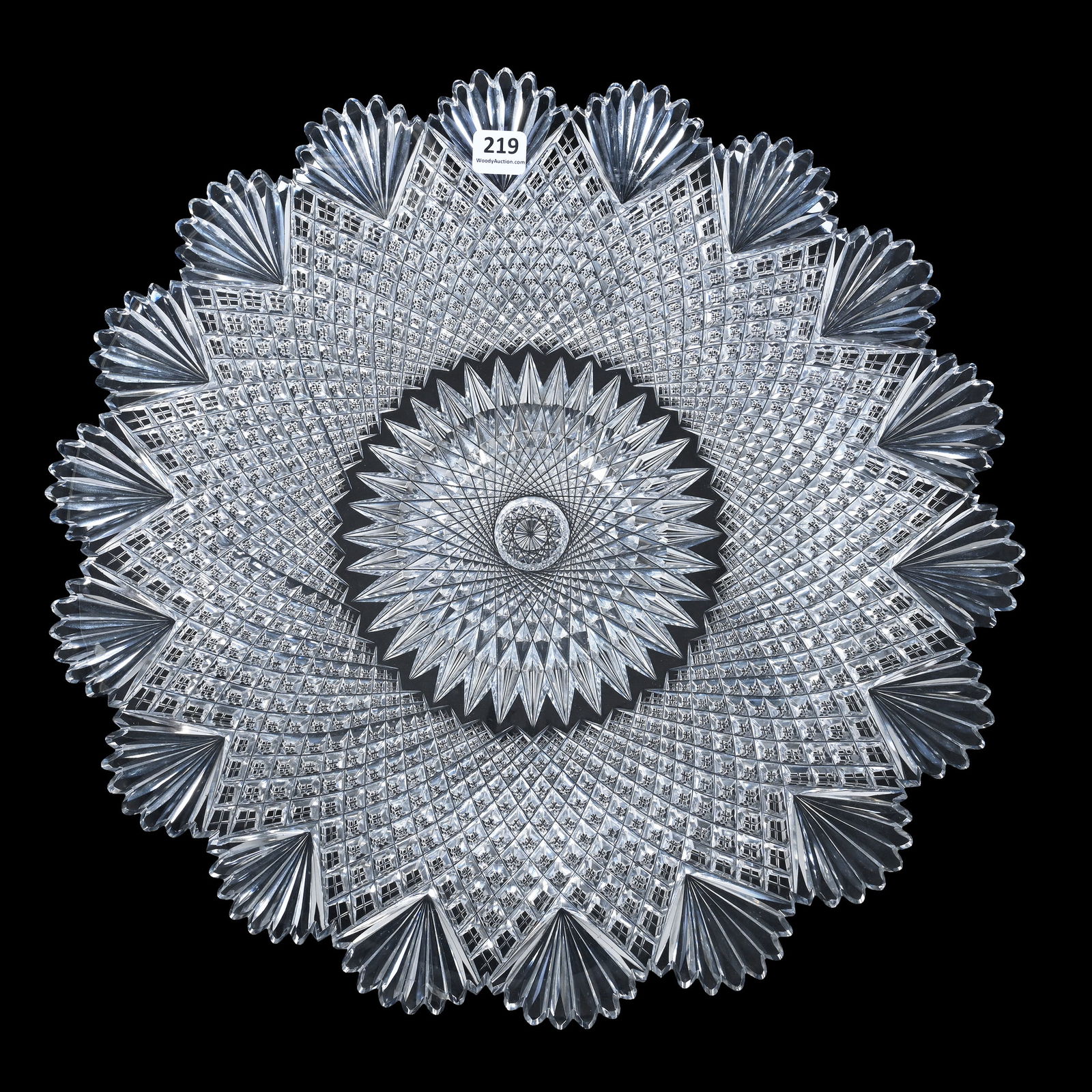 Round Tray, ABCG, Strawberry Diamond And Fan Pattern, Large Hobstar Center: Round Tray, American Brilliant Cut Glass, Strawberry Diamond And Fan Pattern, Large Hobstar Center, 1.5 x 15 x 15 Inches, Beautiful Example, Base Pattern Bruise, 8 Pounds, Dr. Paul Mancia Collection,