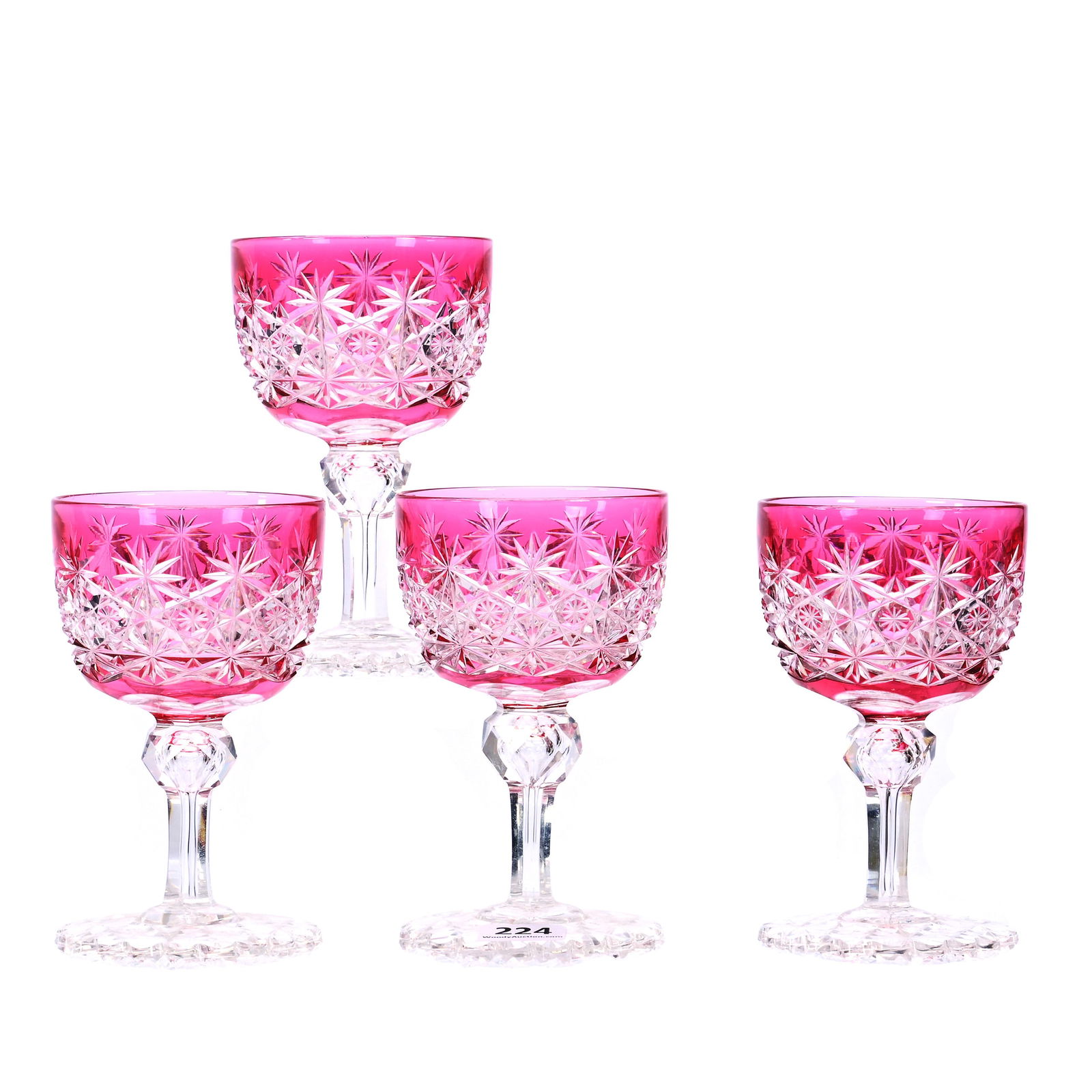 (4) Wine Stems, ABCG, Cranberry Cut To Clear Russian Pattern With Star Cut Buttons: (4) Wine Stems, American Brilliant Cut Glass, Cranberry Cut To Clear Russian Pattern With Star Cut Buttons, 4.5 x 2.75 x 2.75 Inches, Pattern Cut Scalloped Foot, 2 Pounds, Dr. Paul Mancia Collection,
