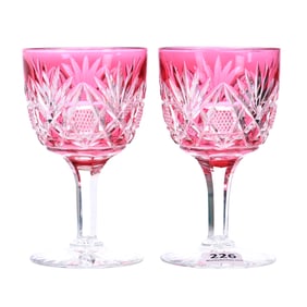 Pair Wine Stems, ABCG, Cranberry Cut To Clear Pattern #40 By Dorflinger