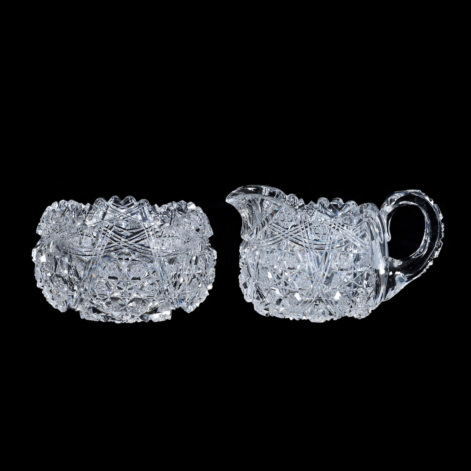 Creamer & Sugar Set, American Brilliant Cut Glass, Signed Egginton Arabian II Pattern: Creamer & Sugar Set, American Brilliant Cut Glass, Signed Egginton Arabian II Pattern, 3 x 5.25 x 5.25 Inches, Pattern Cut Handle, Fantastic Set, Creamer With Base Chip, 3 Pounds, Tennessee Private Co