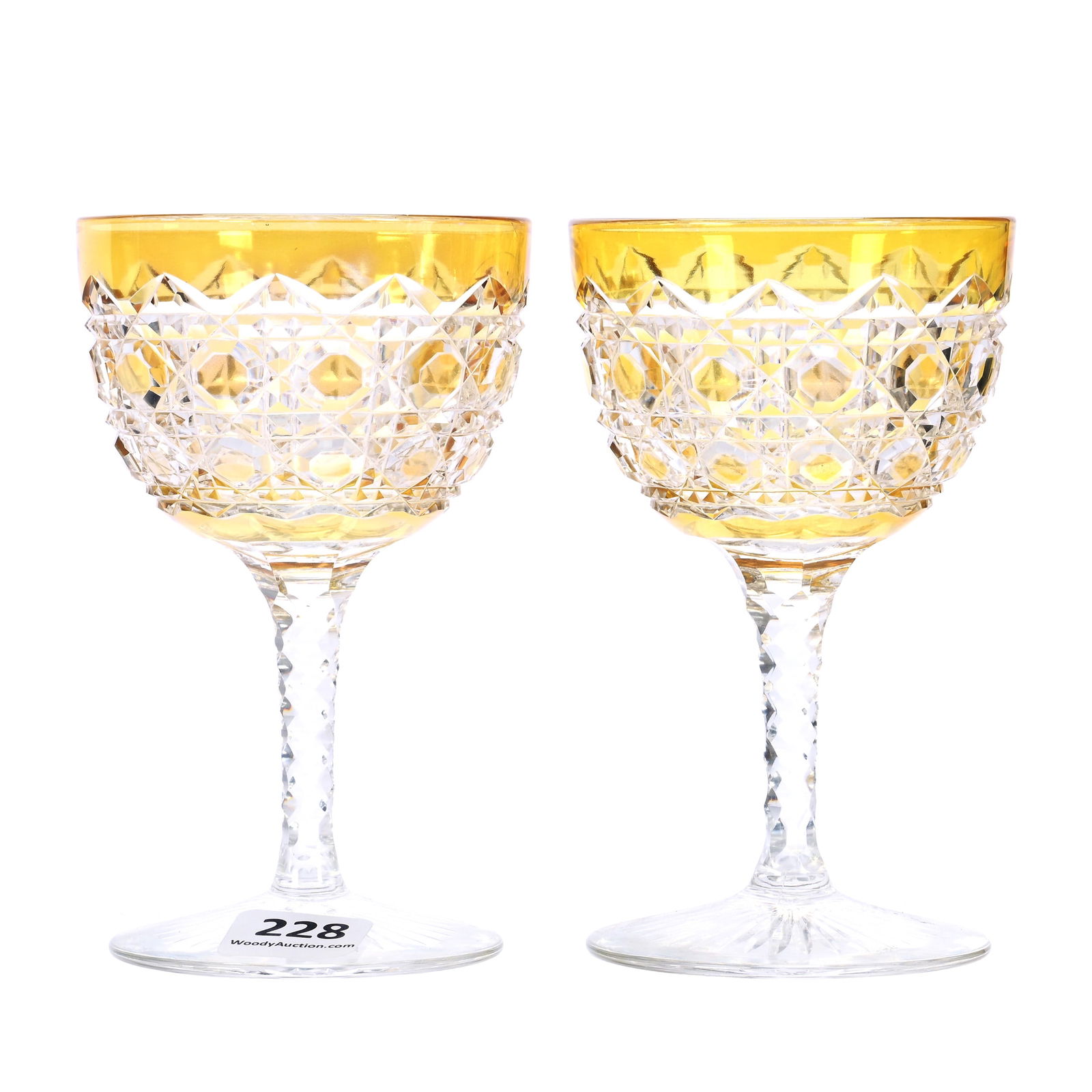 Pair Wine Stems, ABCG, Yellow Cut To Clear, Octagon Diamond Pattern By Straus: Pair Wine Stems, American Brilliant Cut Glass, Yellow Cut To Clear, Octagon Diamond Pattern By Straus, 4.75 x 2.75 x 2.75 Inches, Diamond Cut Stem, Ray Cut Foot, 1 Pounds, Dr. Paul Mancia Collection,