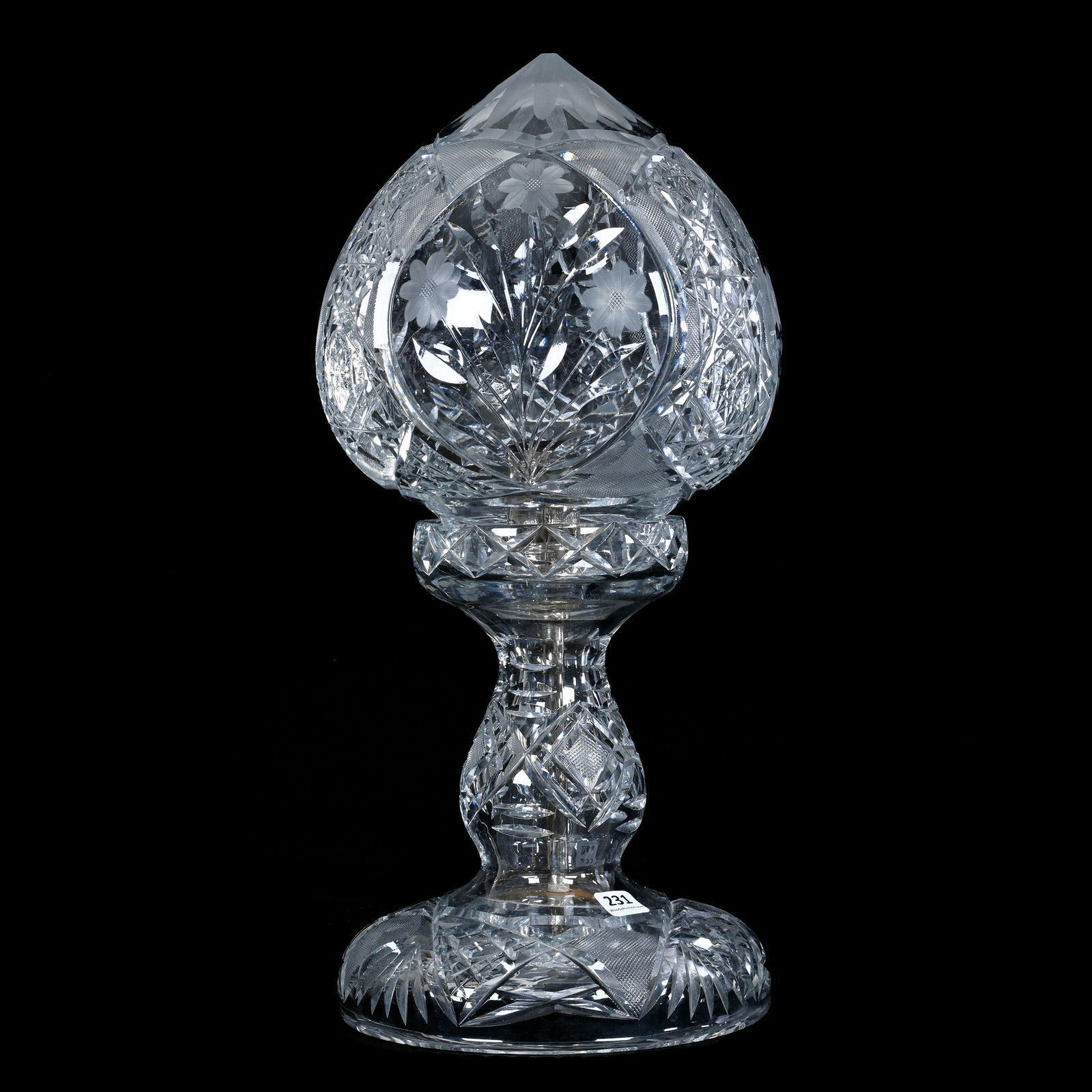 Table Lamp, Strawberry Dome, ABCG, Late Period Hobstar, Crosscutting & Engraved Floral: Table Lamp, Strawberry Dome, American Brilliant Cut Glass, Late Period Hobstar, Crosscutting & Engraved Floral, 16.5 x 7.75 x 7.75 Inches, Electrified, Single Bulb, Rim Chip On Shade, 11 Pounds, The M