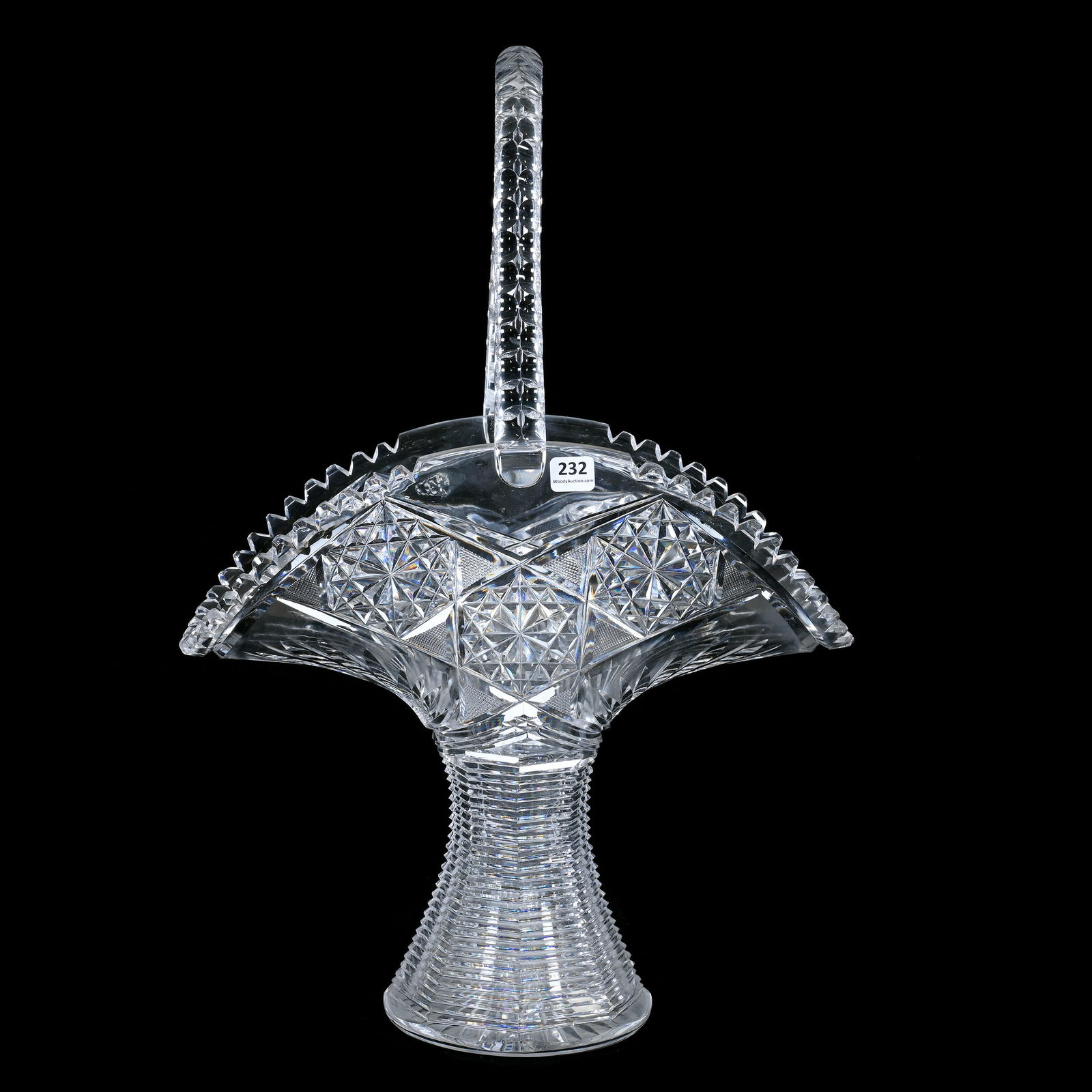 Massive Basket, American Brilliant Cut Glass, Modified Hobstar With Crosscutting & Fan Motif: Massive Basket, American Brilliant Cut Glass, Modified Hobstar With Crosscutting & Fan Motif, 20.5 x 14 x 7.25 Inches, Step Cut With Ray Cut Base, Double Notched Handle, Quality Blank, Rim Nick, 10 Po