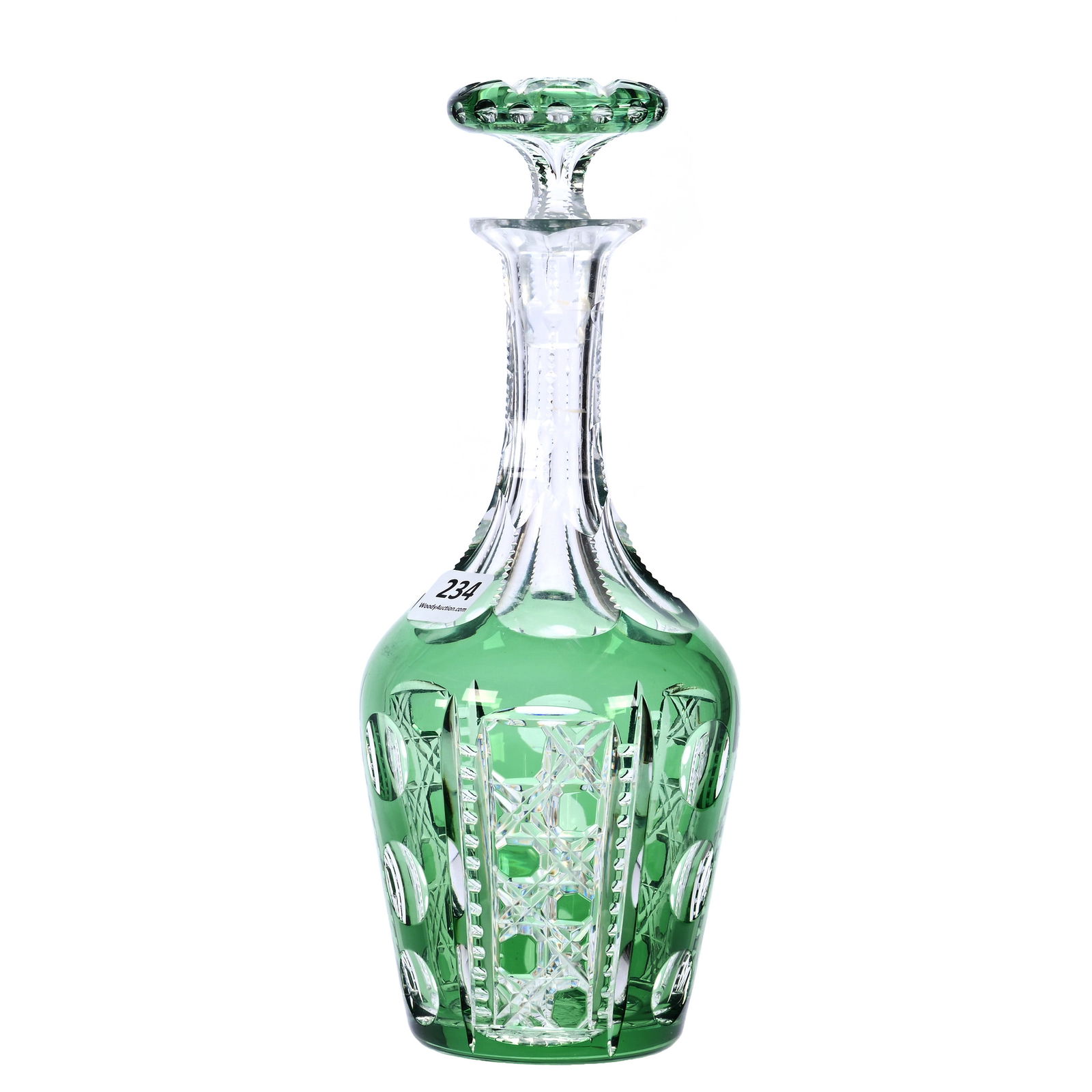 Decanter, American Brilliant Cut Glass, Green Cut To Clear Montrose Pattern By Dorflinger: Decanter, American Brilliant Cut Glass, Green Cut To Clear Montrose Pattern By Dorflinger, 9.5 x 3.75 x 3.75 Inches, Mushroom Shape Hobstar Cut Green/Clear Stopper, Hobstar Base, 2 Pounds, Private Col