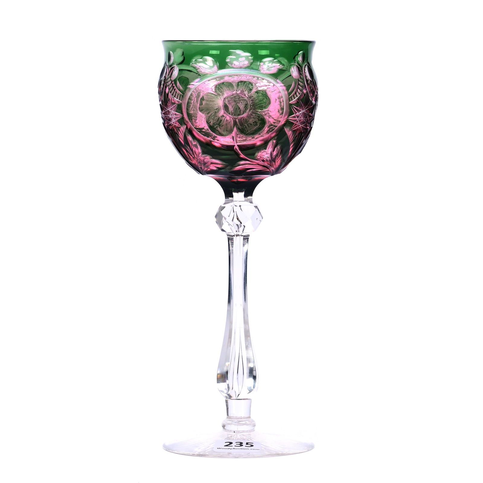 Wine Stem, BPCG, Green Cut To Rose Cut To Clear, Attributed To Stevens & Williams: Wine Stem, Brilliant Period Cut Glass, Green Cut To Rose Cut To Clear, Attributed To Stevens & Williams, 7.75 x 3 x 3 Inches, Floral Medallion With Hobstar And Scroll Highlights, Ray Cut Foot, 1 Pound
