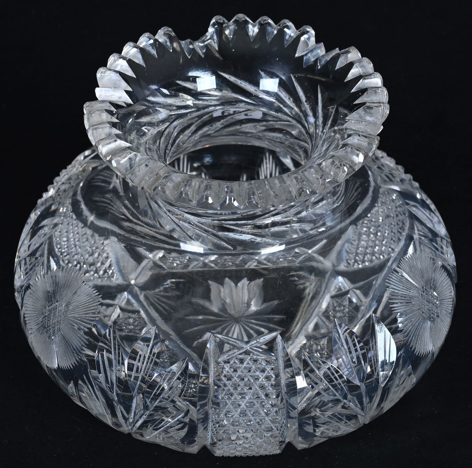 Flower Center, American Brilliant Cut Glass, Engraved Floral With Nailhead Diamond Highlights - 2