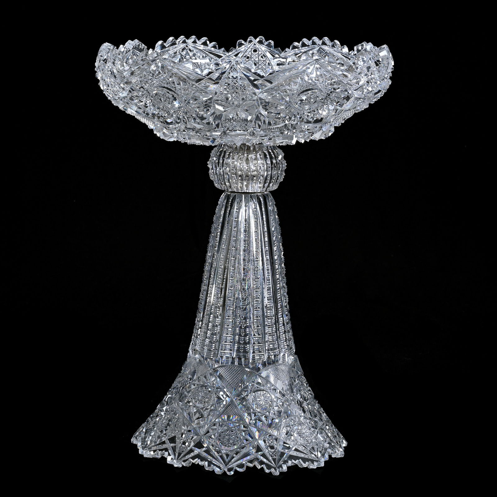 Centerpiece Compote, Three Part, American Brilliant Cut Glass: Centerpiece Compote, Three Part, American Brilliant Cut Glass, 14.25 x 10.25 x 10.25 Inches, Hobstar, Vesica, Nailhead Diamond, Crosscutting And Prism Motif, Nice Example, Interior Rim Chip Ring, 9 Po