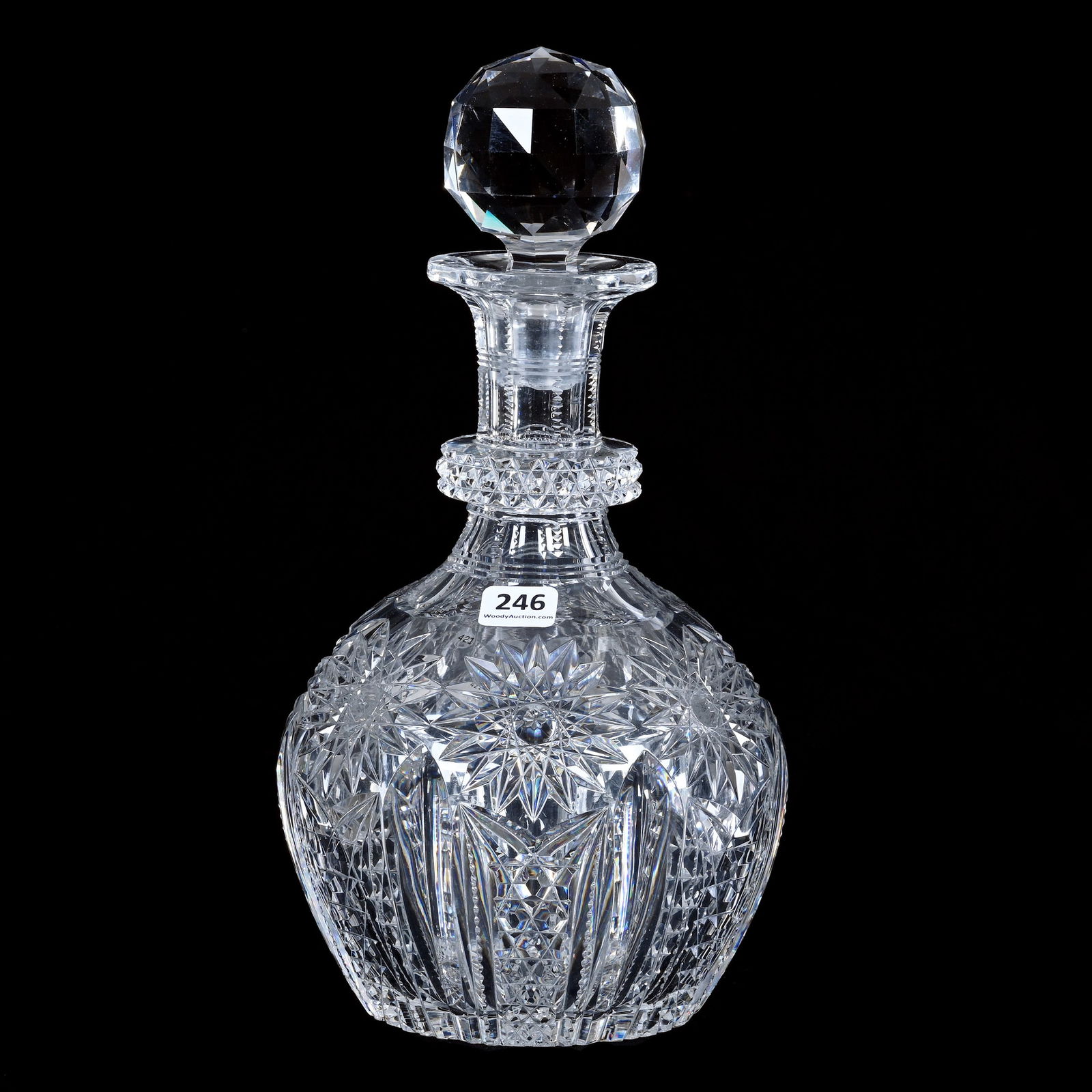 Decanter, American Brilliant Cut Glass, Gloria Pattern By Dorflinger: Decanter, American Brilliant Cut Glass, Gloria Pattern By Dorflinger, 11.25 x 6 x 6 Inches, Nailhead Diamond Ring Neck, Hobstar Base, Some Chips On Stopper Plug, 6 Pounds, Private Collection.