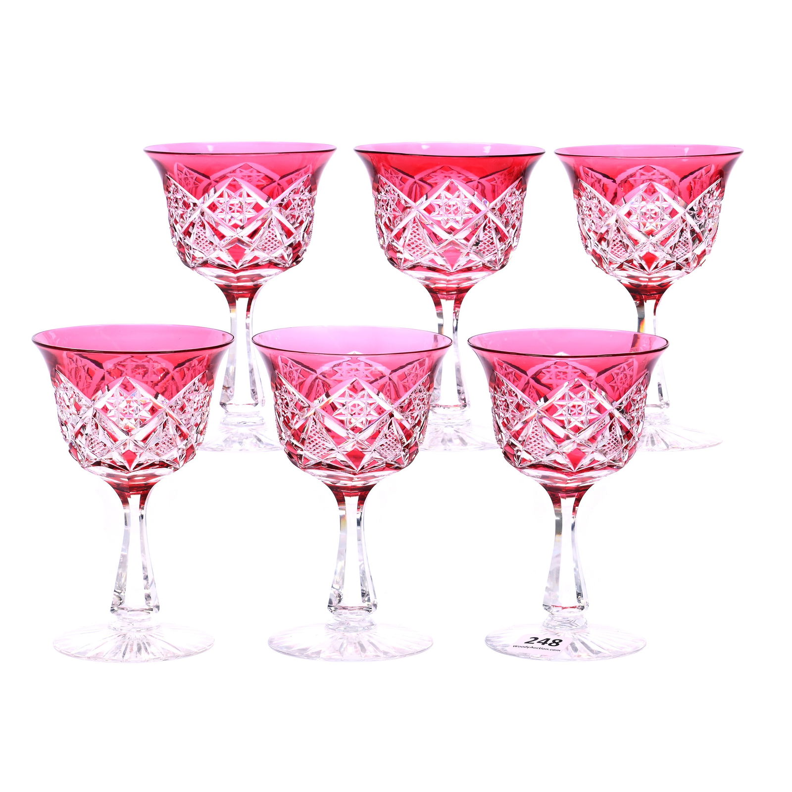 (6) Wine Stems, American Brilliant Cut Glass, Cranberry Cut To Clear, Gladys Pattern By Hawkes: (6) Wine Stems, American Brilliant Cut Glass, Cranberry Cut To Clear, Gladys Pattern By Hawkes, 4.75 x 3 x 3 Inches, Ray Cut Foot, Nice Set, 3 Pounds, Dr. Paul Mancia Collection, Florida.