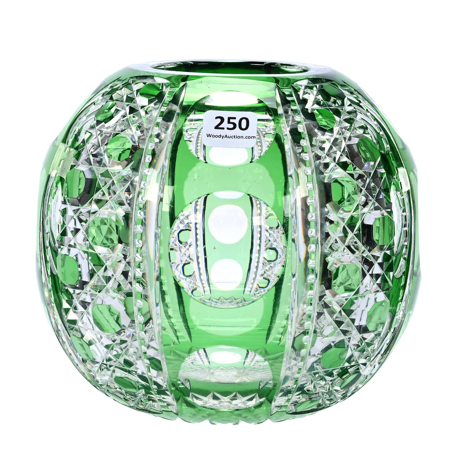 Rose Bowl, American Brilliant Cut Glass, Green Cut To Clear Montrose Pattern By Dorflinger: Rose Bowl, American Brilliant Cut Glass, Green Cut To Clear Montrose Pattern By Dorflinger, 6 x 6.75 x 6.75 Inches, Hobstar Base, Some Small Pattern Nicks, 5 Pounds, Private Collection.