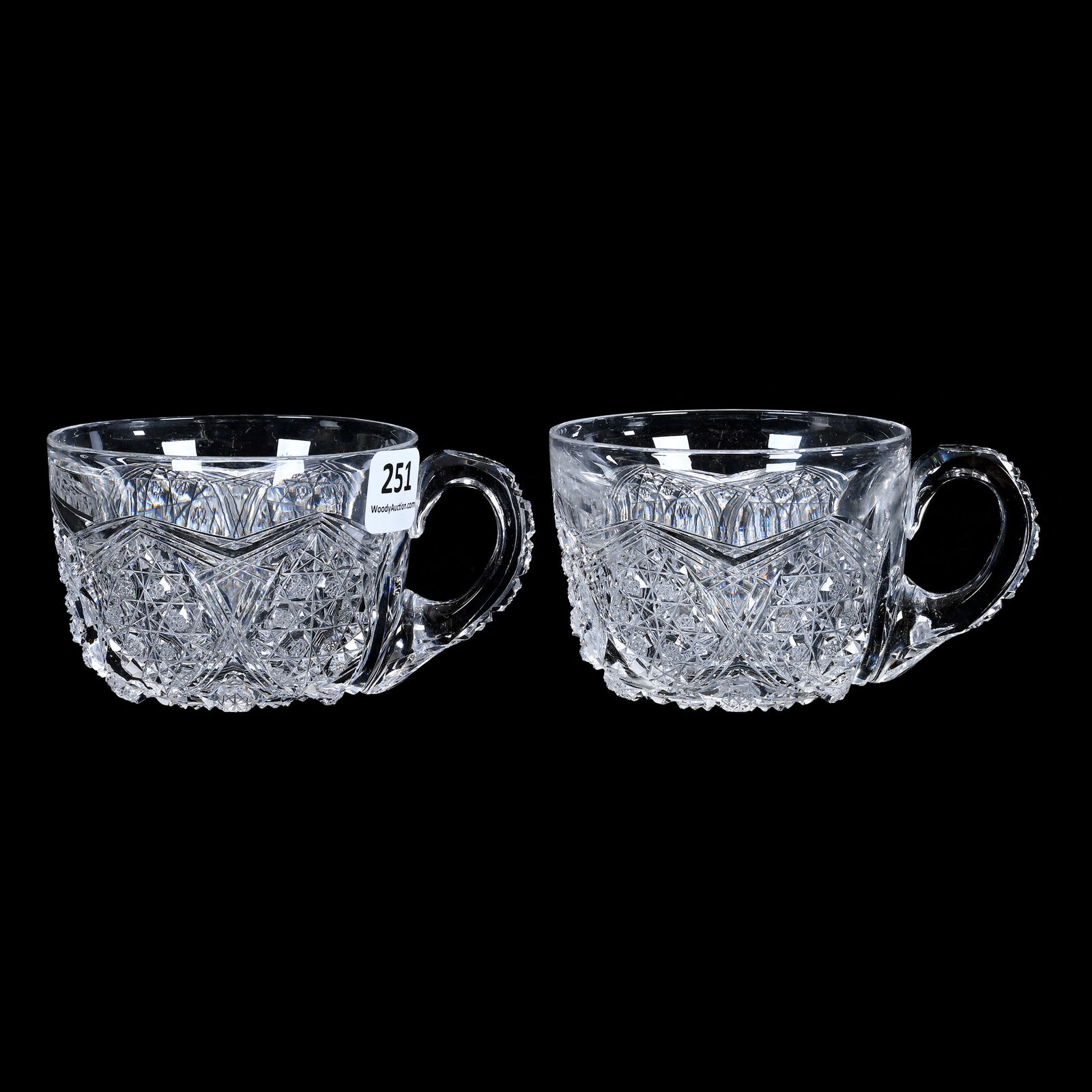 (2) Punch Cups, American Brilliant Cut Glass, Signed Egginton Arabian II Pattern: (2) Punch Cups, American Brilliant Cut Glass, Signed Egginton Arabian II Pattern, 2.25 x 4 x 3 Inches, Both Have Pattern Cut Handles, Some Of The Finest Punch Cups Available, 1 Pounds, Tennessee Priva