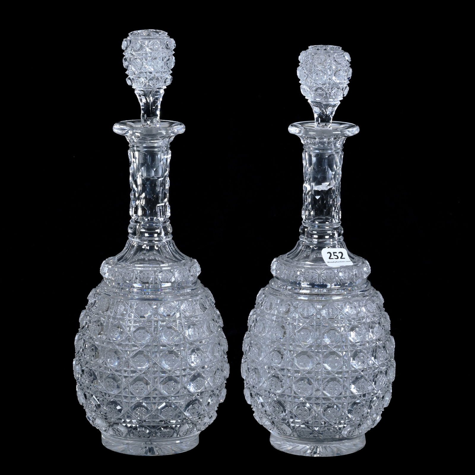 Pair Decanters, Brilliant Period Cut Glass, Cane Cut Octagon Button Known As Cane On Cane (1 of 4)