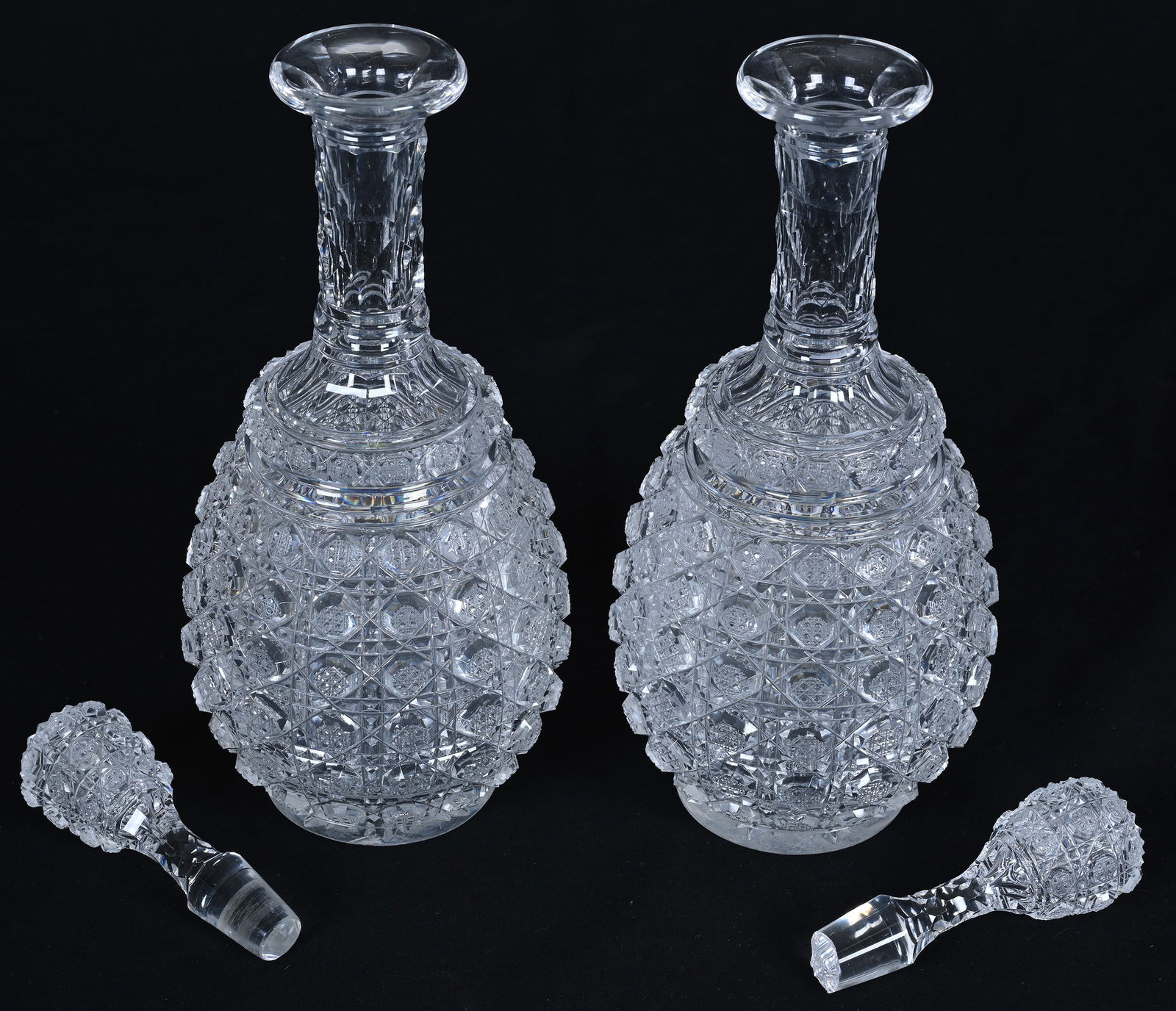 Pair Decanters, Brilliant Period Cut Glass, Cane Cut Octagon Button Known As Cane On Cane - 2