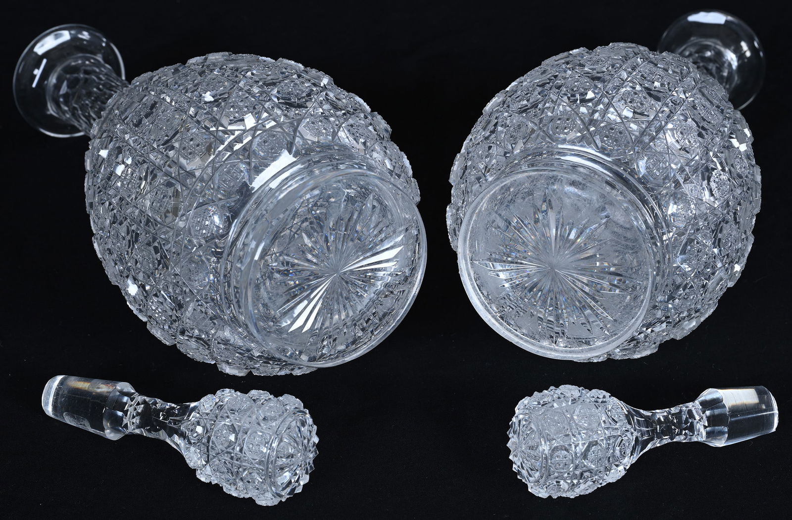 Pair Decanters, Brilliant Period Cut Glass, Cane Cut Octagon Button Known As Cane On Cane - 3