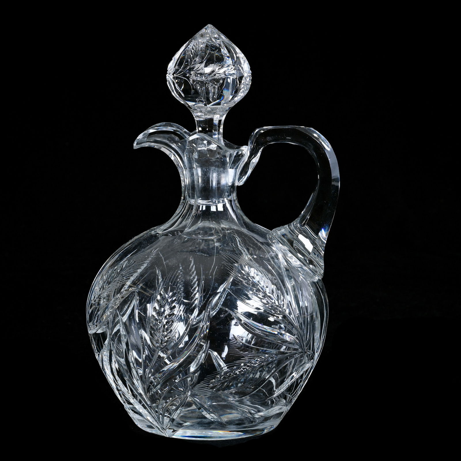 Whiskey Jug, American Brilliant Cut Glass, Signed Sinclaire, Finely Engraved Rye/Wheat Decor (1 of 3)