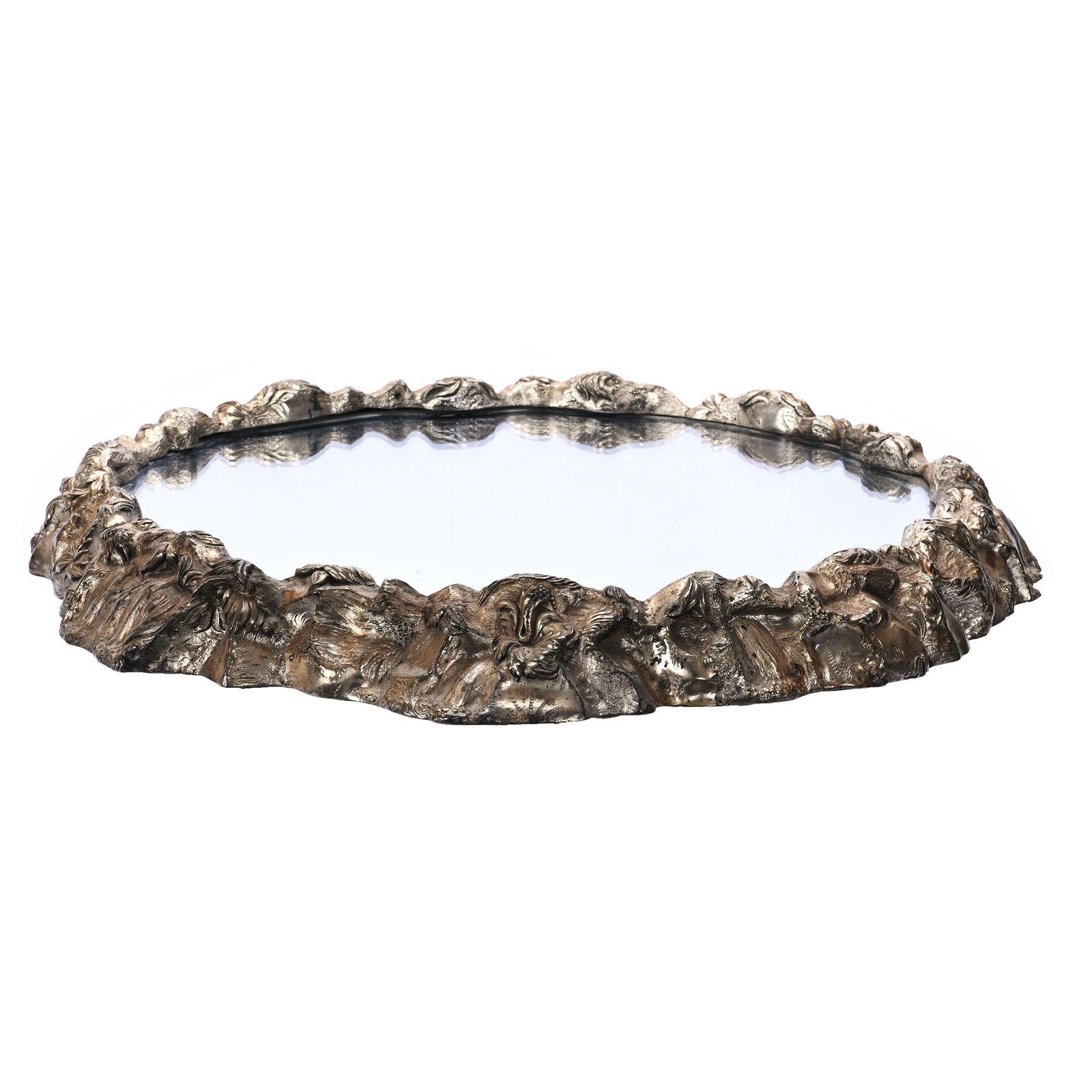 Mirror Plateau, Elaborate Figural Rock & Floral Silverplate Frame, 14" Diameter Mirror: Mirror Plateau, Elaborate Figural Rock & Floral Silverplate Frame, 14 Inch Diameter Mirror, 2 x 18.25 x 18.25 Inches, Original Wooden Base, 15 Pounds, Kansas Private Collection.