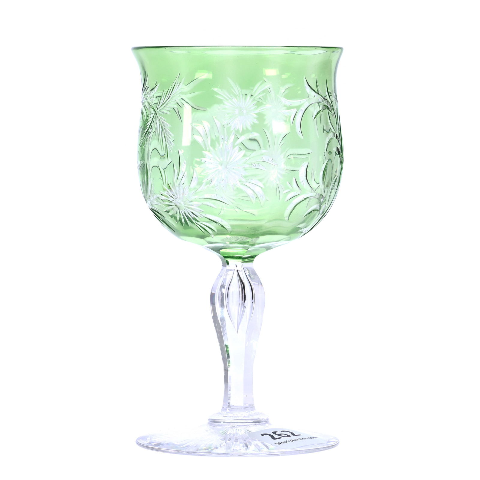 Wine Stem, American Brilliant Cut Glass, Green Cut To Clear, Engraved Floral Pattern (1 of 3)