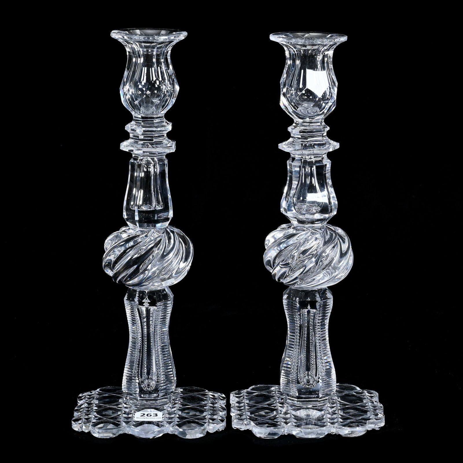Pair Candlestick Holders, ABCG, Spiral Cut Knob Stem, Teardrop & Step Cut Highlights: Pair Candlestick Holders, American Brilliant Cut Glass, Spiral Cut Knob Stem, Teardrop & Step Cut Highlights, 12.5 x 5 x 5 Inches, Large Cane Pattern Square Foot With Scalloped Edge, Incredibly Clear