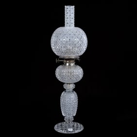 Banquet Lamp, Five Part, Brilliant Period Cut Glass, Fully Cut Checkerboard Design