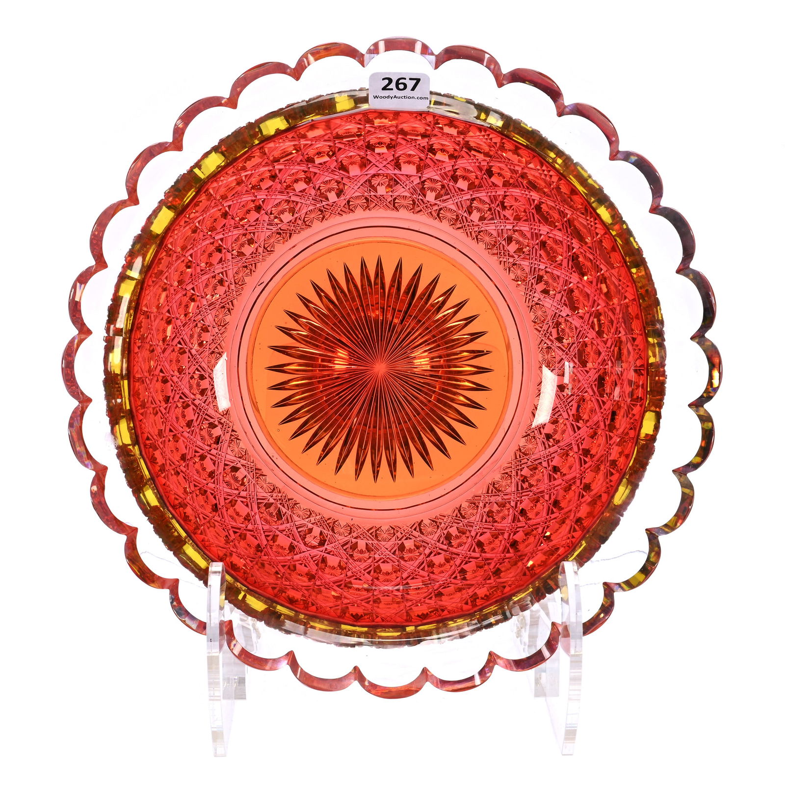 Bowl, ABCG, Two Color Cased To Clear, Exceptional Triple Miter With Star Cut Buttons On Lower: Bowl, American Brilliant Cut Glass, Two Color Cased To Clear, Exceptional Triple Miter With Star Cut Buttons On Lower Portion, 4 x 9.5 x 9.5 Inches, Flared Scalloped Clear Flute Rim, Highly Reactive U